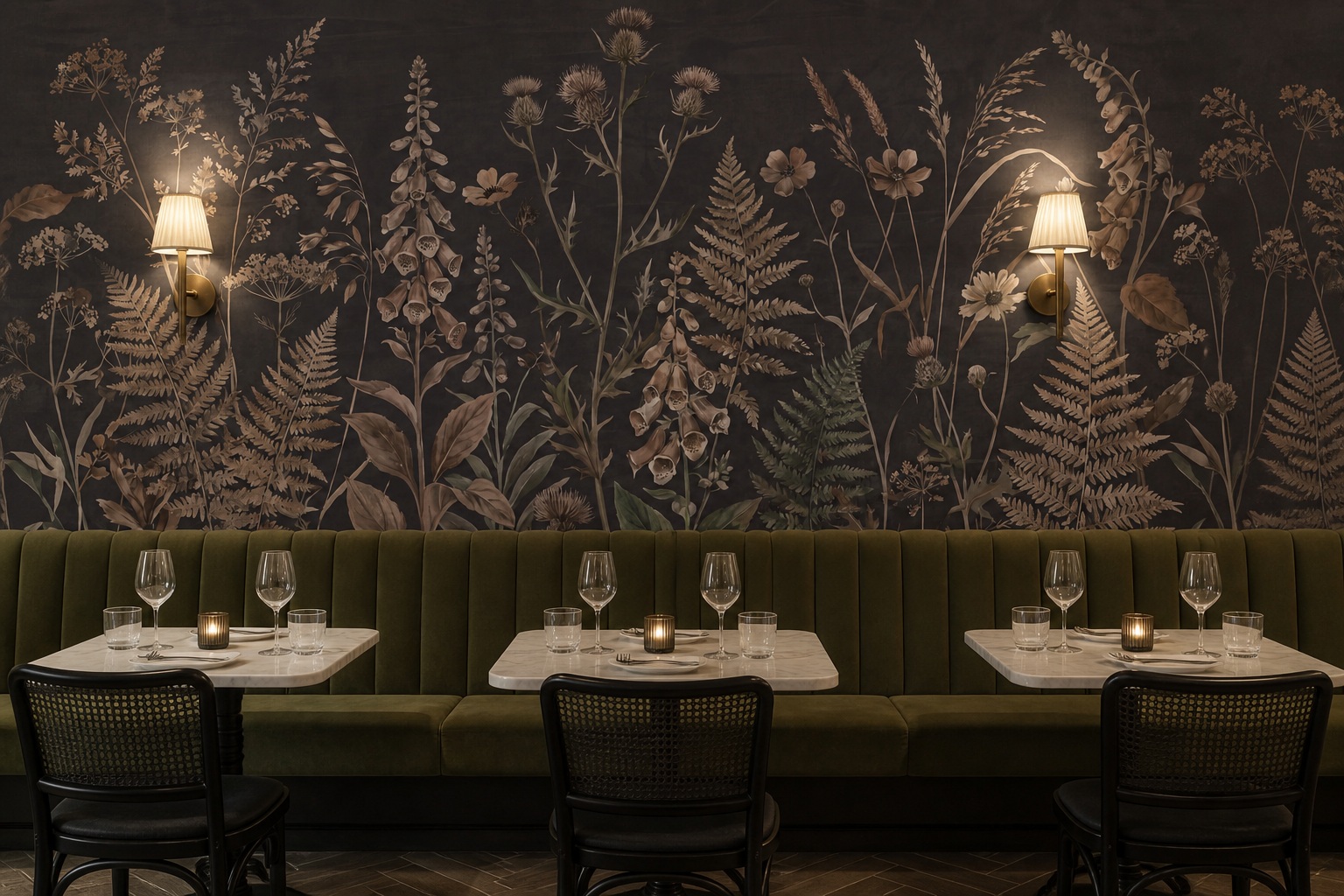 Pale botanical stems on a dark mural above an olive restaurant banquette and dining tables