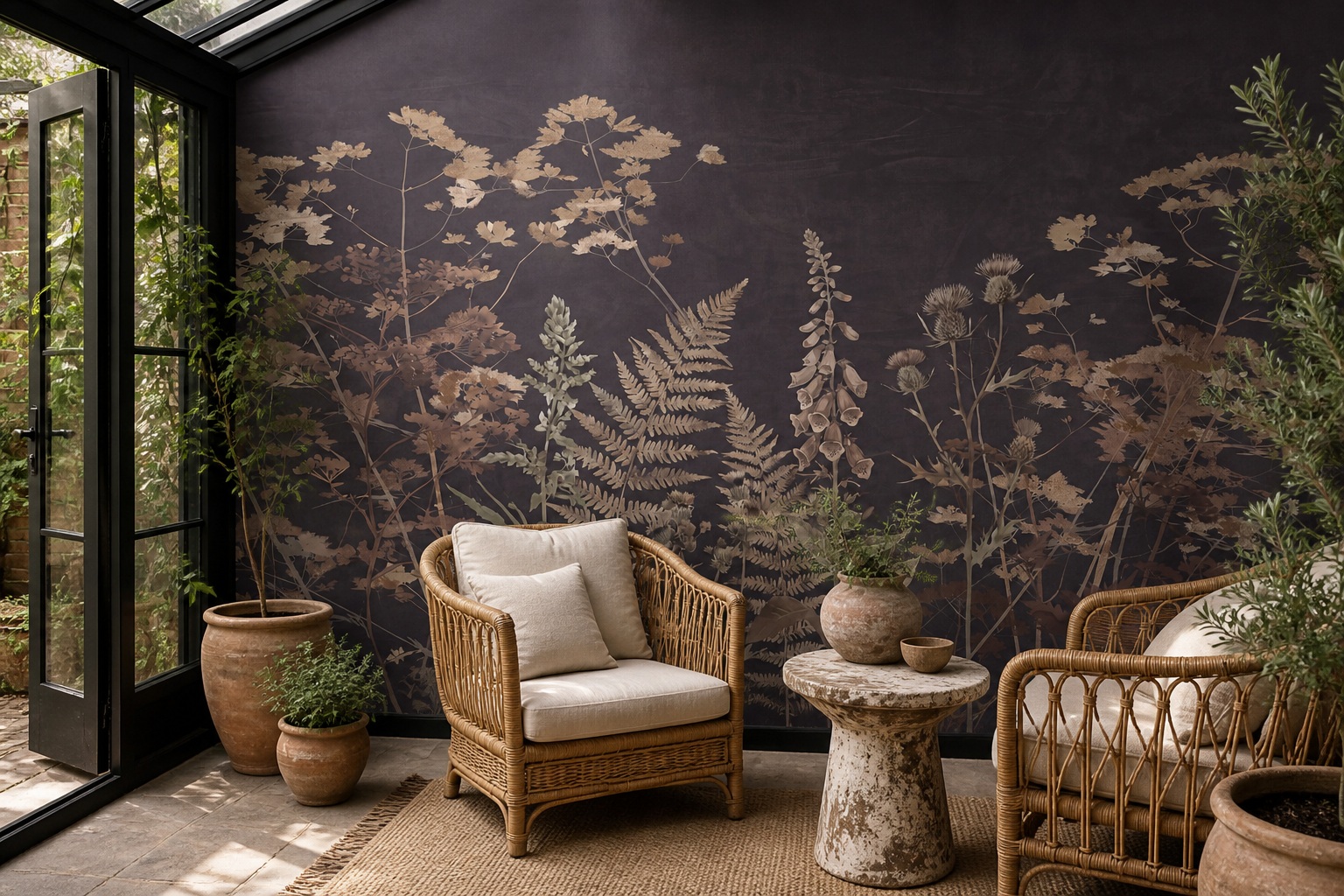 Beige Layered Jungle Foliage Wallpaper Mural Accent-wall-wallpaper-murals, Peel-and-stick Finish