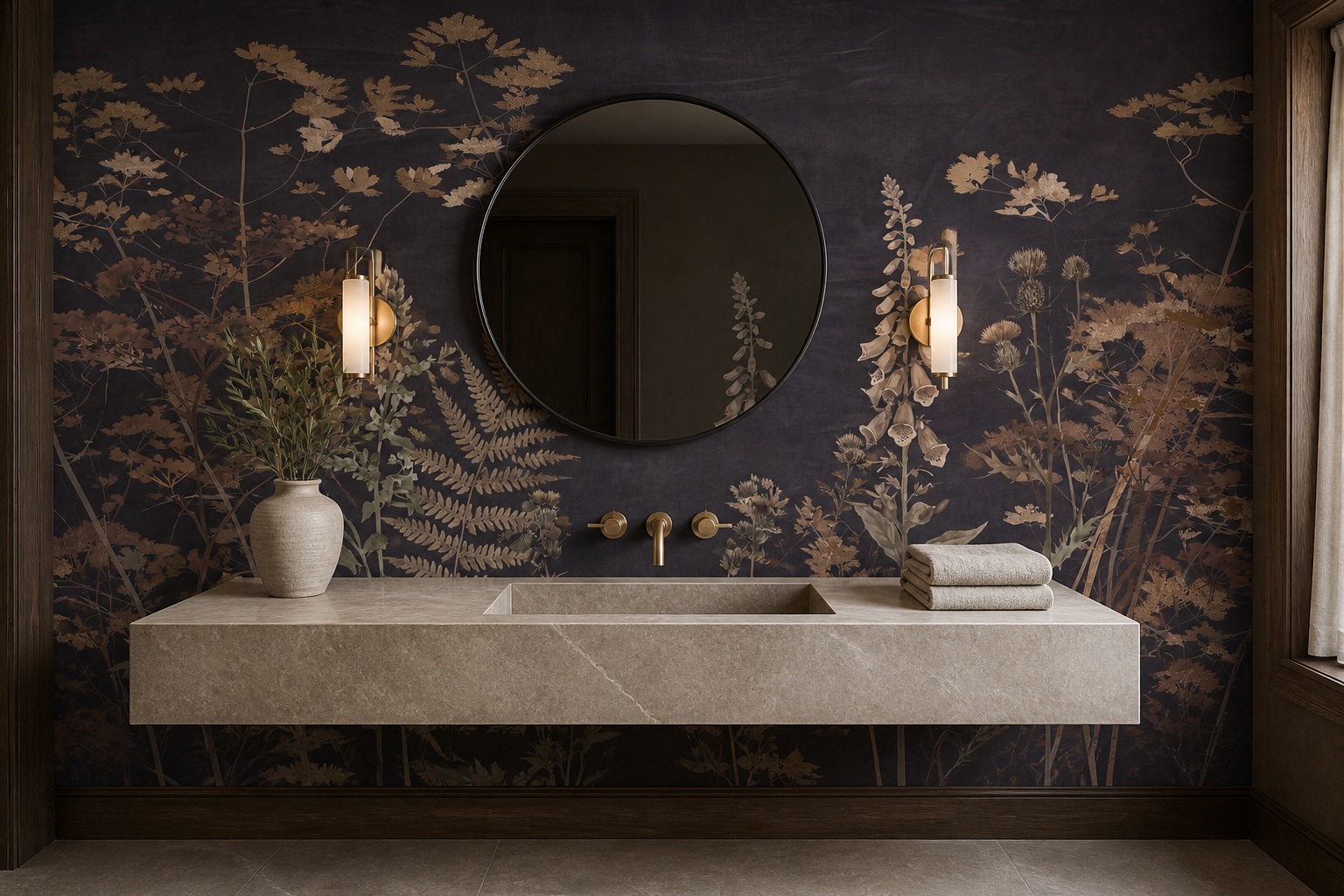 Beige Layered Jungle Foliage Wallpaper Mural Bathroom-wallpaper-murals, Peel-and-stick Finish