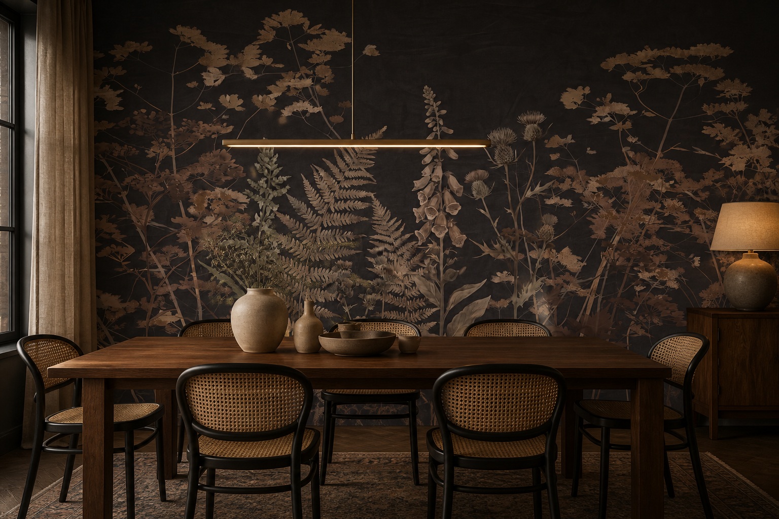 Beige Layered Jungle Foliage Wallpaper Mural Dining-room-wallpaper-murals, Shown In A Dining Room, Peel-and-stick Finish