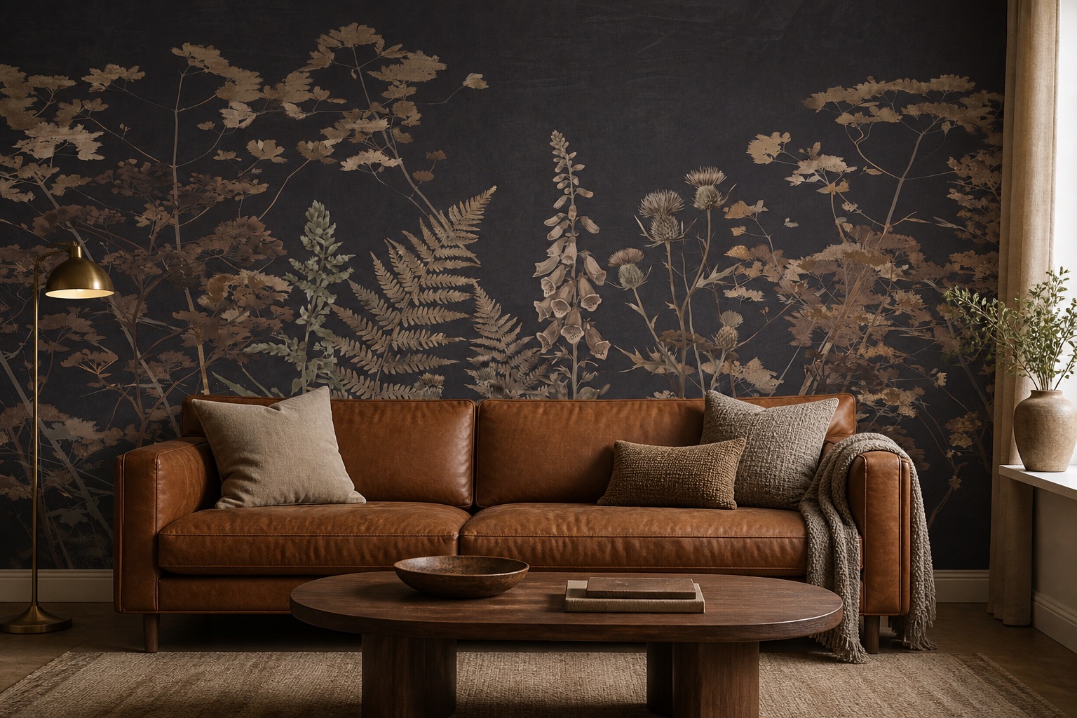 Beige Layered Jungle Foliage Wallpaper Mural Living-room-wallpaper-murals, Shown In A Living Room, Peel-and-stick Finish