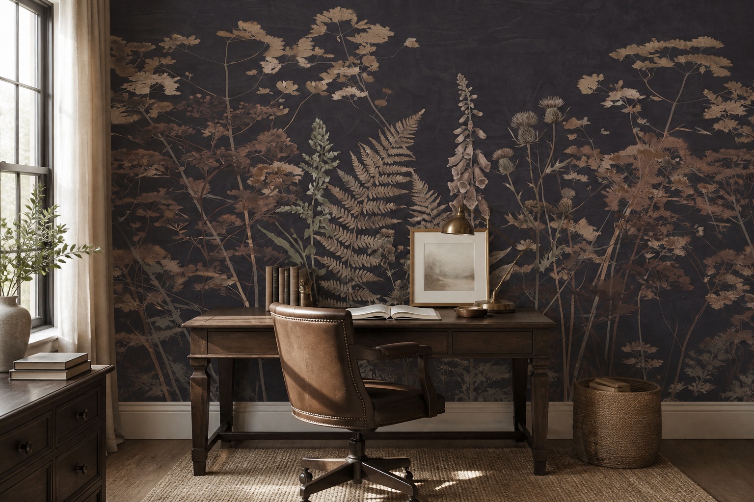 Beige Layered Jungle Foliage Wallpaper Mural Office-wallpaper-murals, Shown In A Home Office, Peel-and-stick Finish