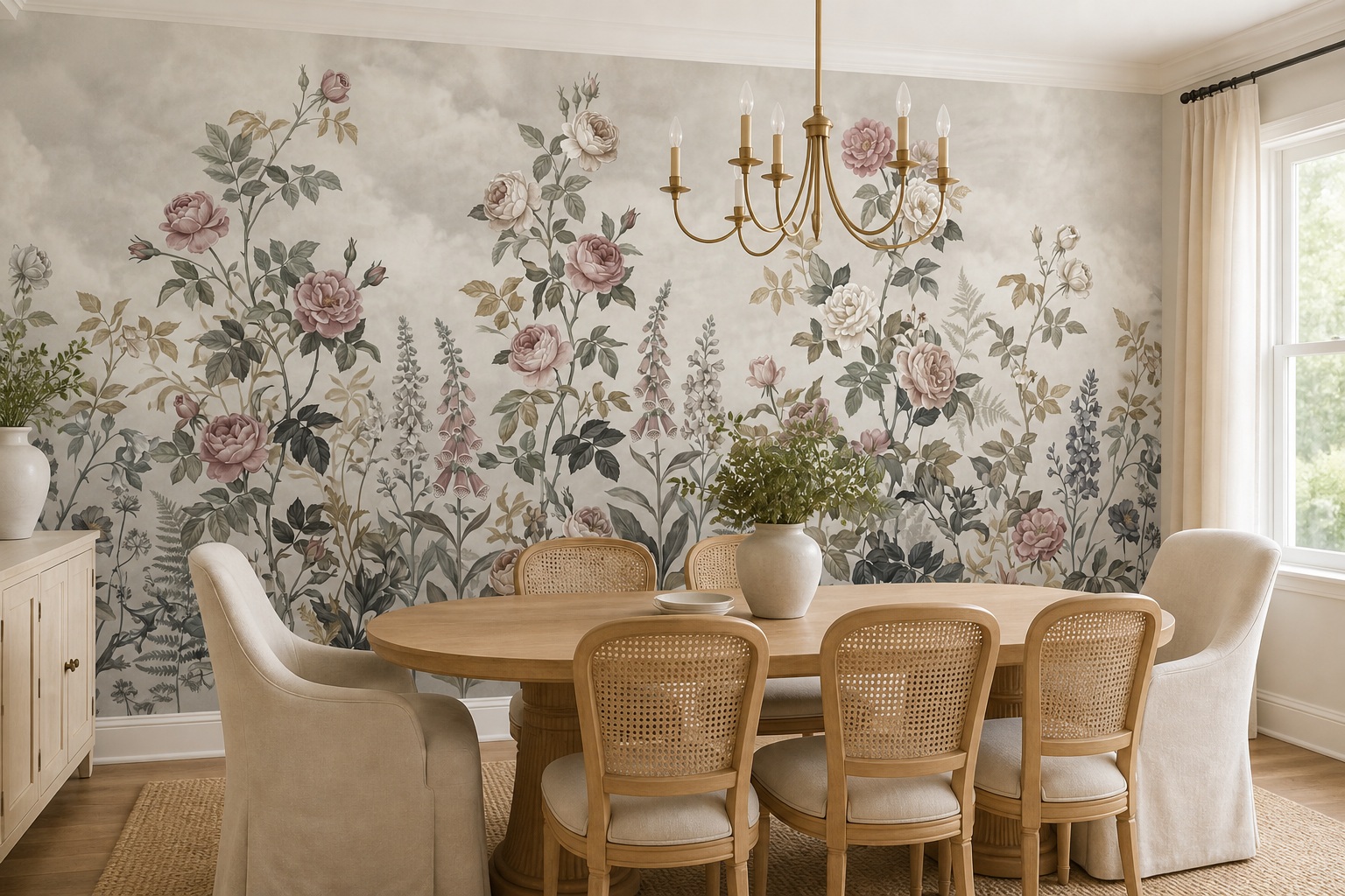 A Balanced Neutral Leaf Patterning Wallpaper Mural Dining-room-wallpaper-murals, Shown In A Dining Room, Peel-and-stick Finish
