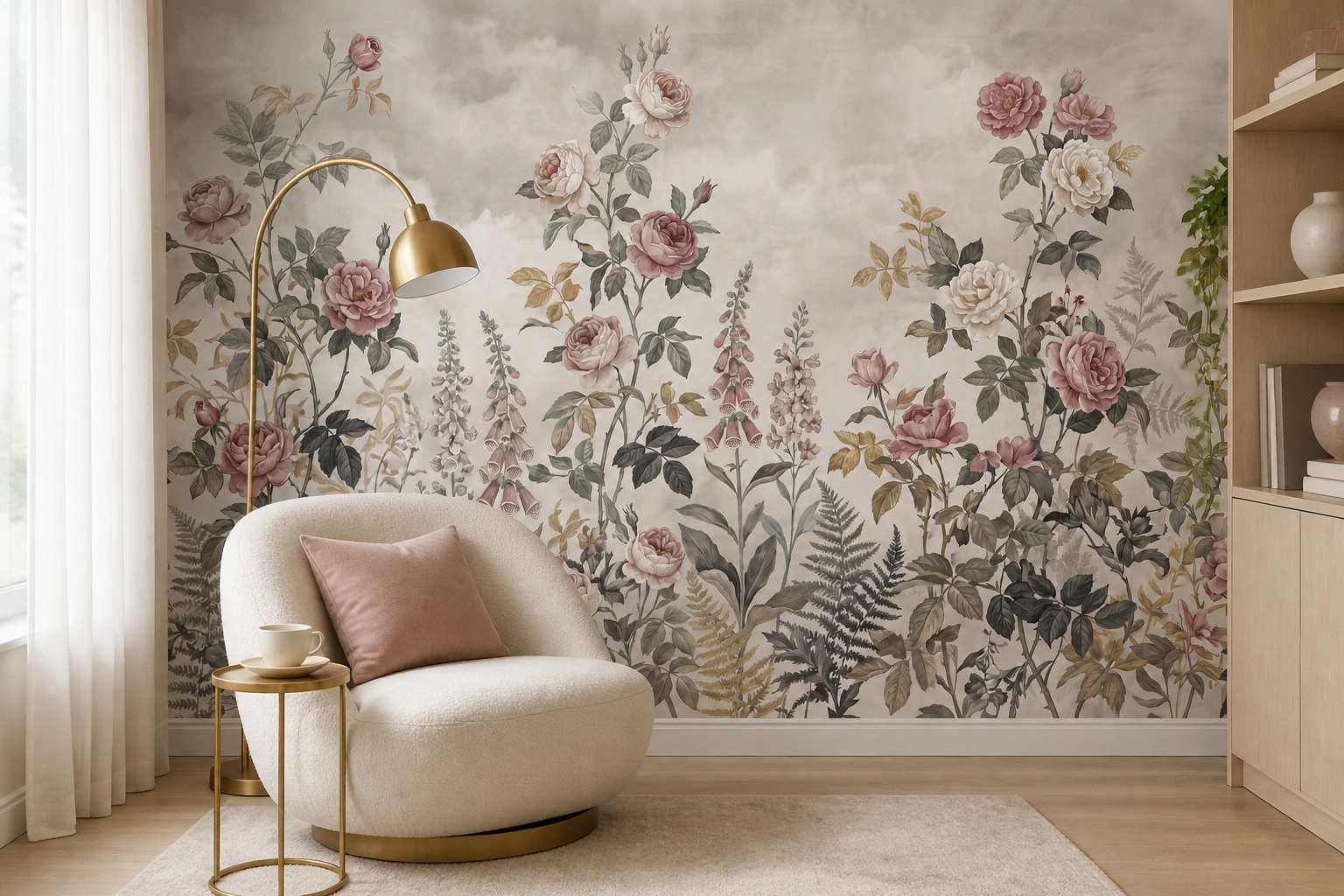 A Balanced Neutral Leaf Patterning Wallpaper Mural Accent-wall-wallpaper-murals, Peel-and-stick Finish