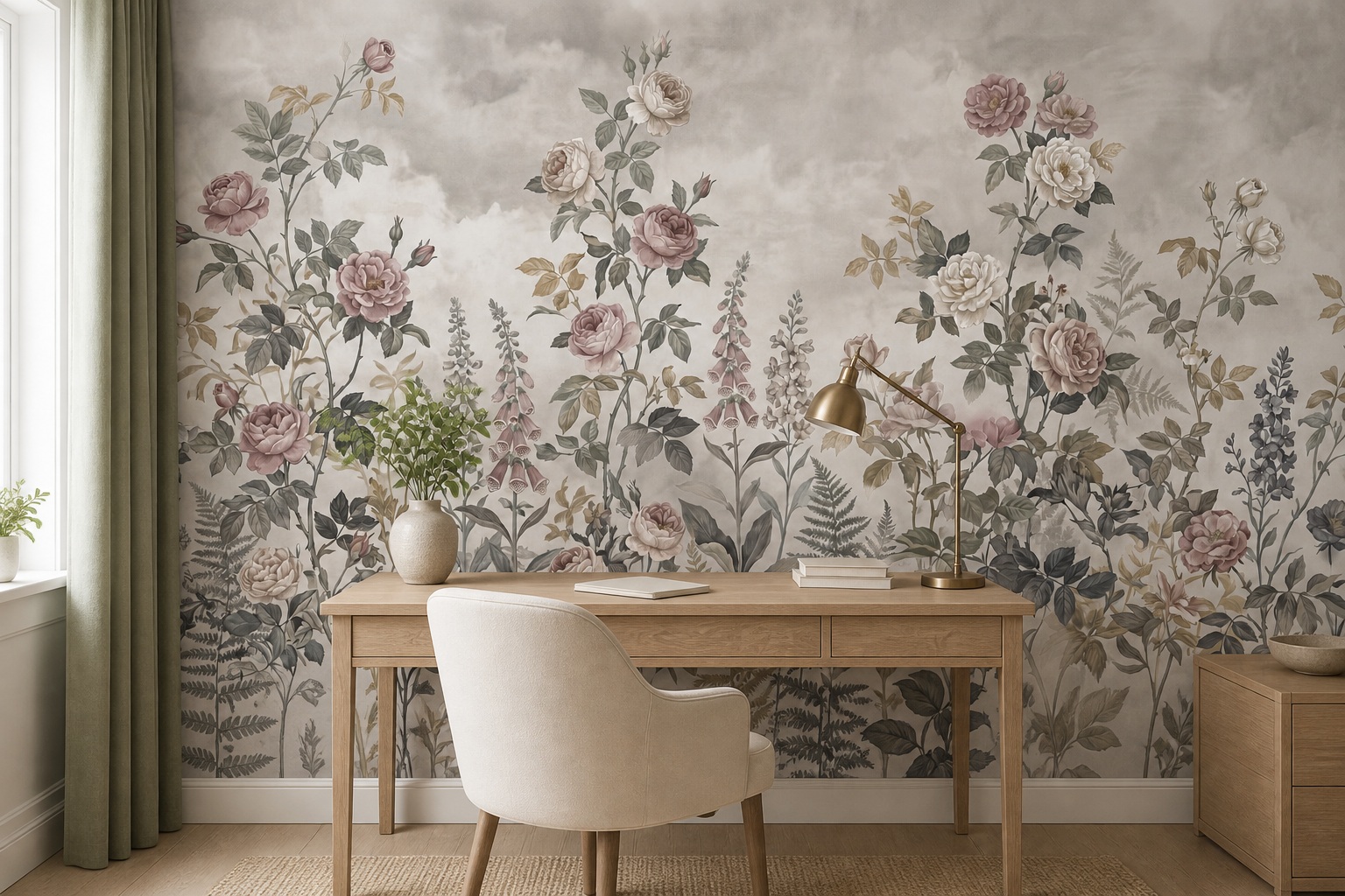 A Balanced Neutral Leaf Patterning Wallpaper Mural Office-wallpaper-murals, Shown In A Home Office, Peel-and-stick Finish