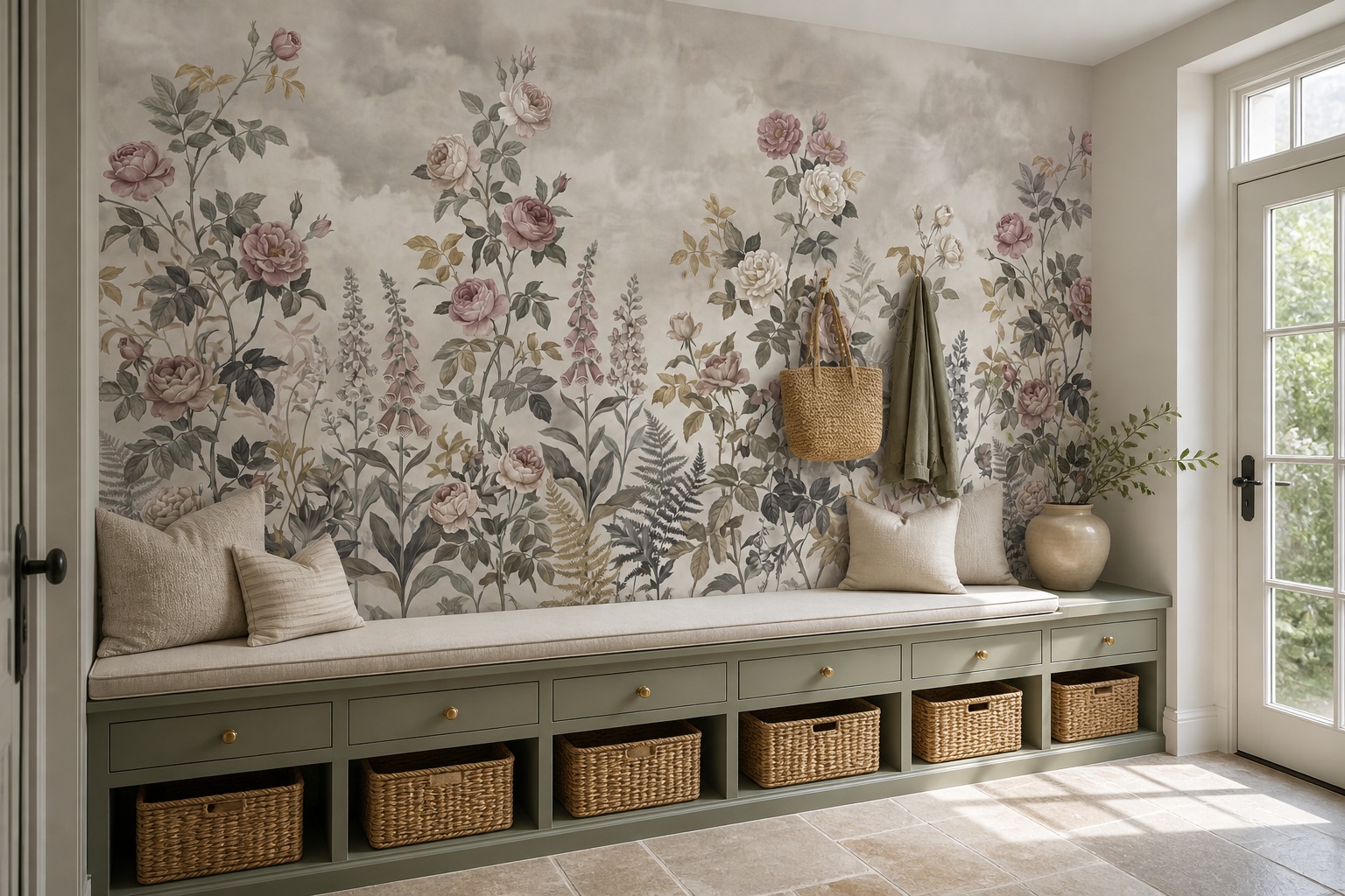 A Balanced Neutral Leaf Patterning Wallpaper Mural Accent-wall-wallpaper-murals, Peel-and-stick Finish