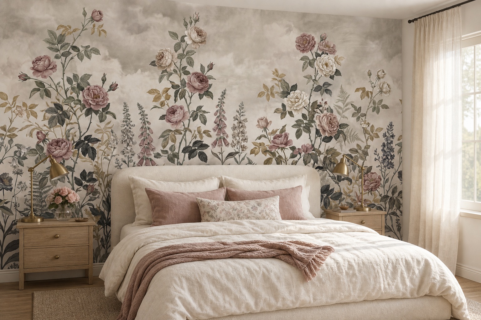 A Balanced Neutral Leaf Patterning Wallpaper Mural Bedroom-wallpaper-murals, Peel-and-stick Finish