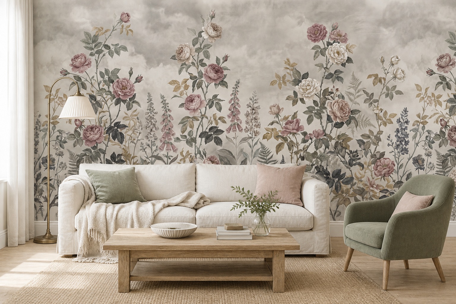 Blush Roses, Wildflowers And Ferns Wallpaper Mural — Wallpaper Mural Design, Peel-and-stick Finish