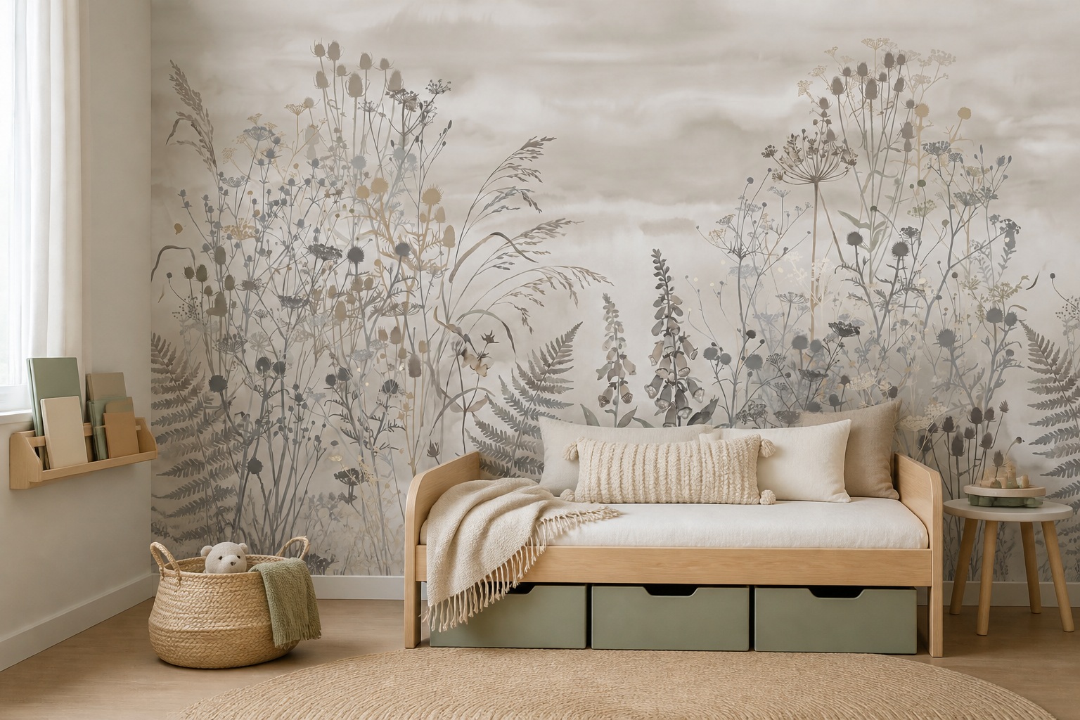 Red And Green Floral Forms Wallpaper Mural Feature-wall-wallpaper-murals, Peel-and-stick Finish