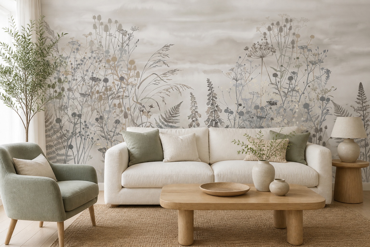 Pale Meadow Ferns And Seed Heads Wallpaper Mural — Wallpaper Mural Design, Peel-and-stick Finish