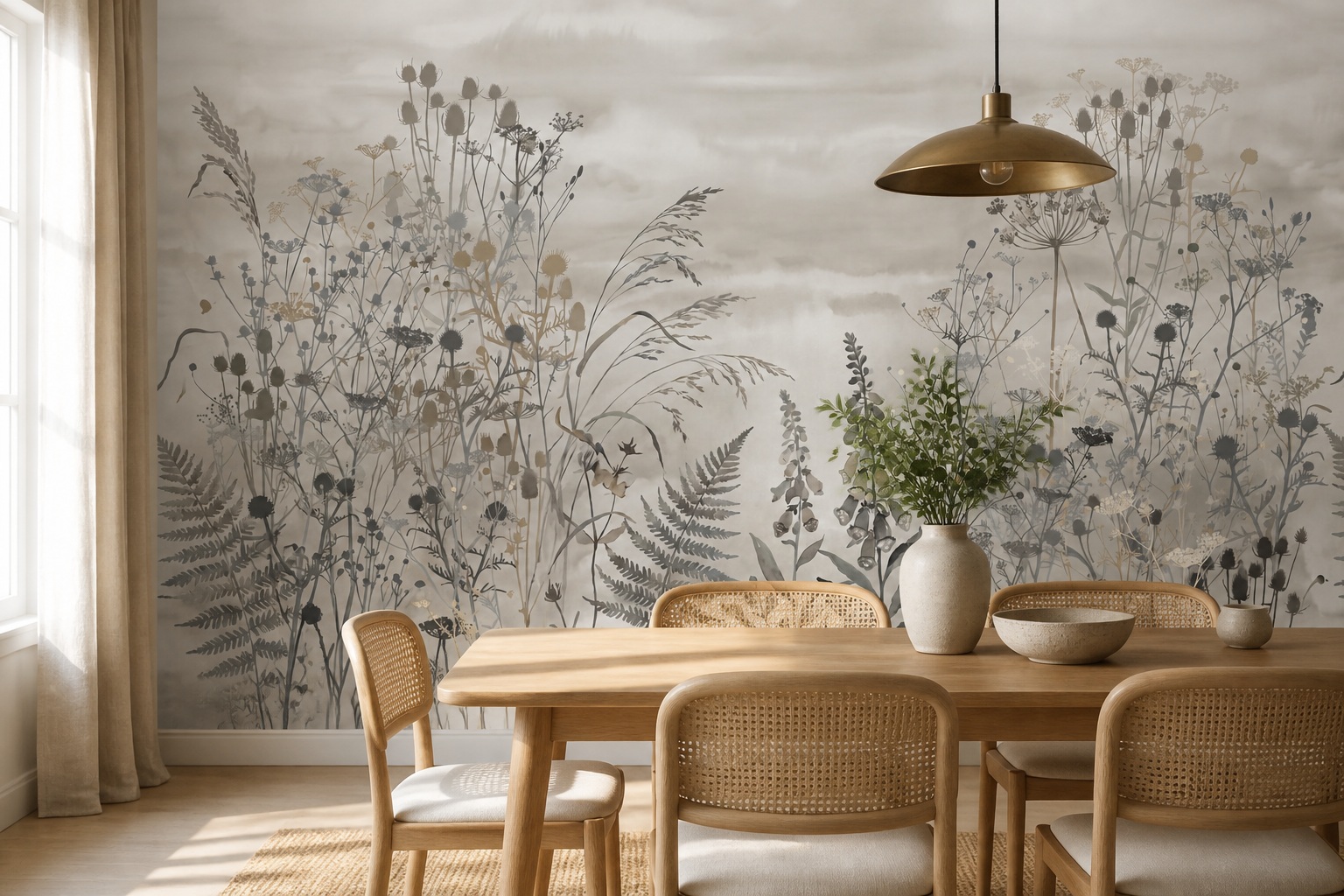 Red And Green Floral Forms Wallpaper Mural Dining-room-wallpaper-murals, Shown In A Dining Room, Peel-and-stick Finish