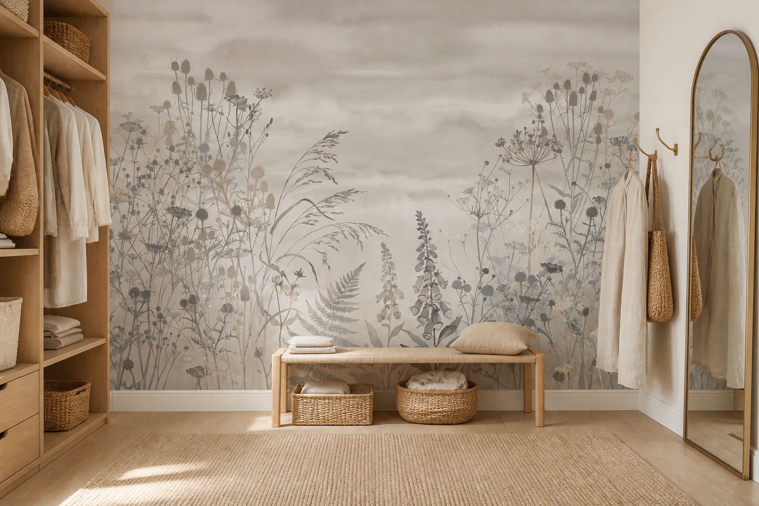 Red And Green Floral Forms Wallpaper Mural Accent-wall-wallpaper-murals, Peel-and-stick Finish