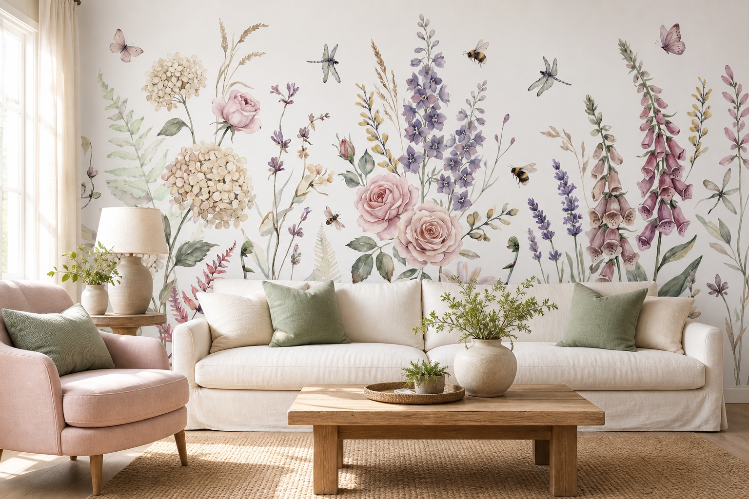 Watercolour Garden Flowers And Insects Wallpaper Mural — Wallpaper Mural Design, Peel-and-stick Finish