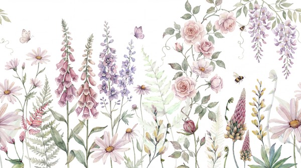 Red And Sage Green Floral Patterning Wallpaper Mural Accent-wall-wallpaper-murals, Peel-and-stick Finish