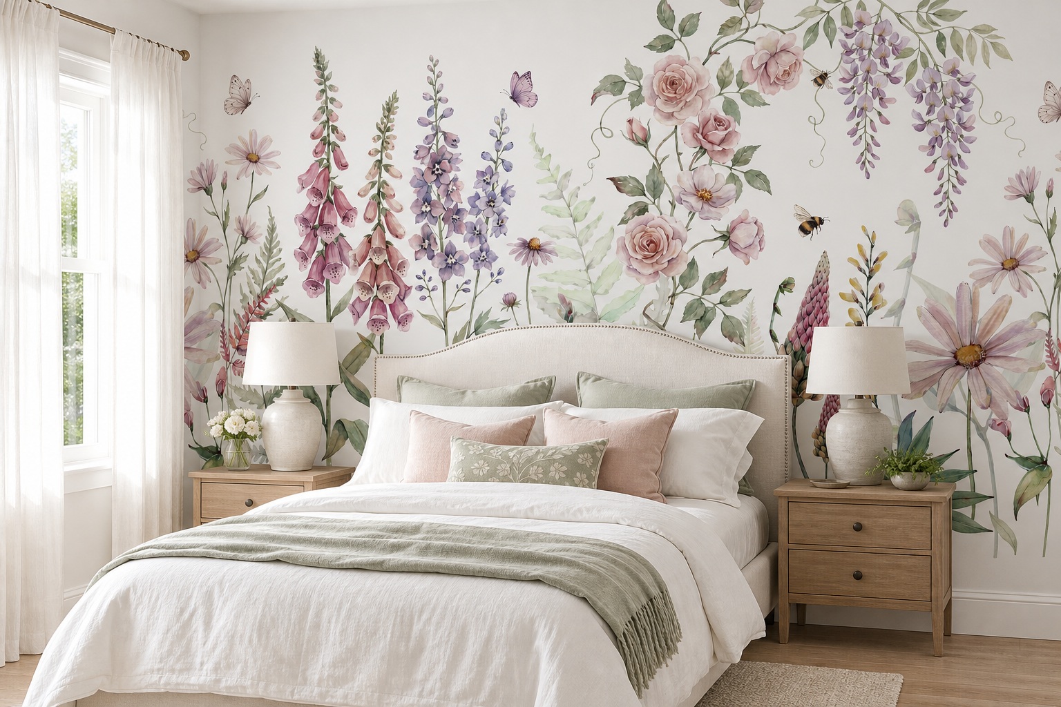 Red And Sage Green Floral Patterning Wallpaper Mural Bedroom-wallpaper-murals, Peel-and-stick Finish