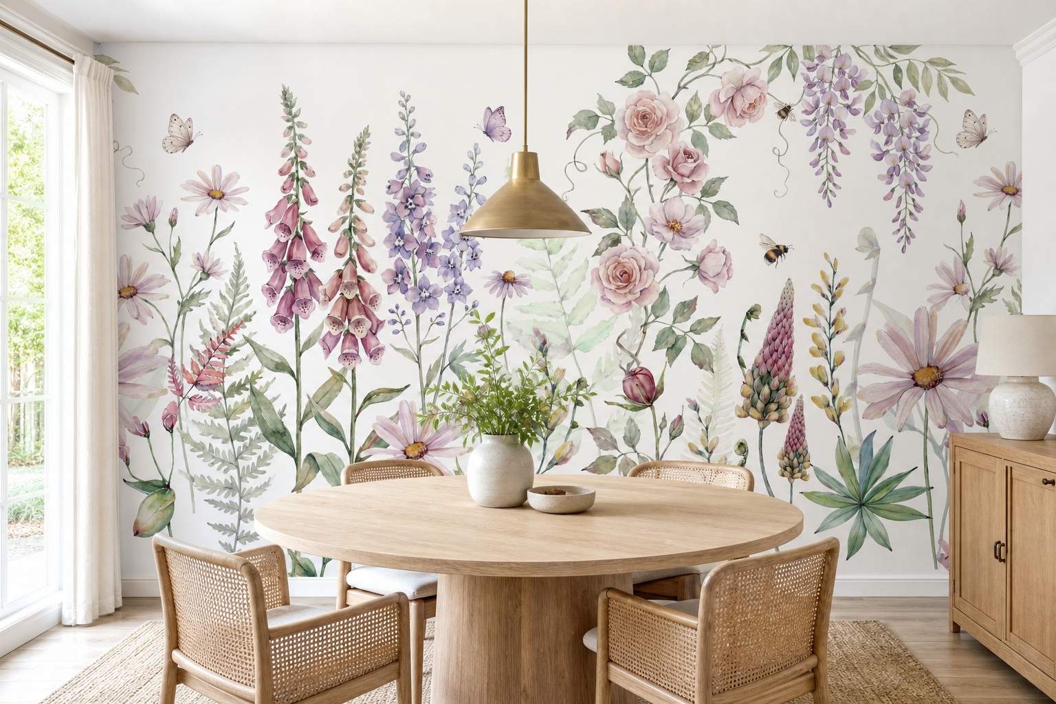 Red And Sage Green Floral Patterning Wallpaper Mural Dining-room-wallpaper-murals, Peel-and-stick Finish