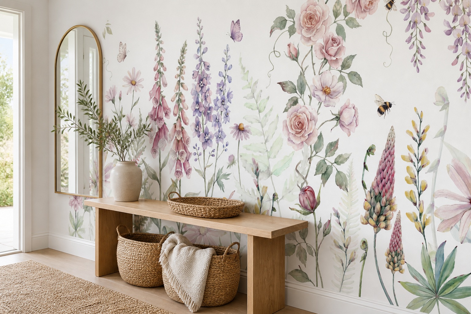 Red And Sage Green Floral Patterning Wallpaper Mural Hallway-wallpaper-murals, Peel-and-stick Finish