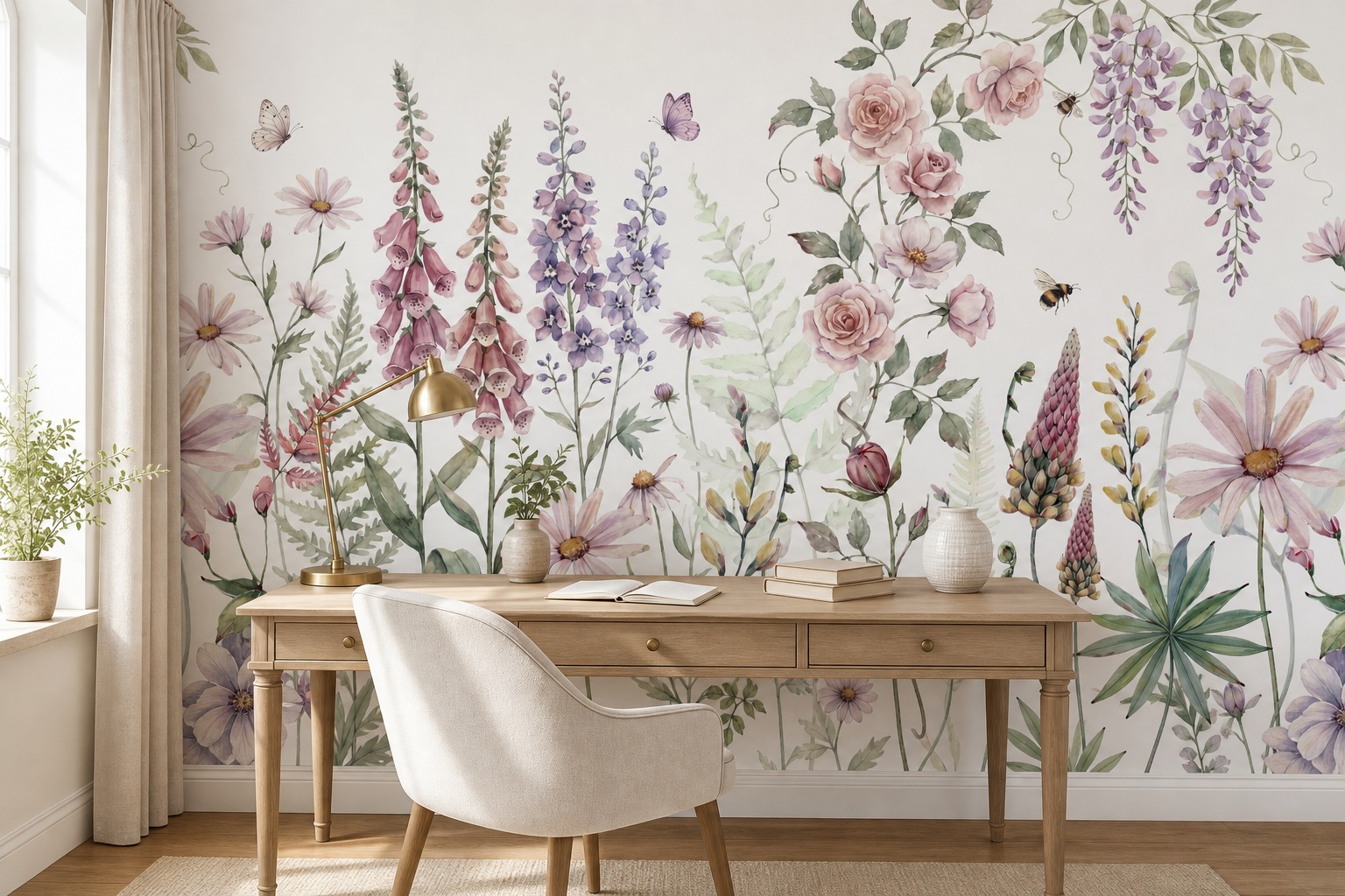 Red And Sage Green Floral Patterning Wallpaper Mural Office-wallpaper-murals, Shown In A Home Office, Peel-and-stick Finish