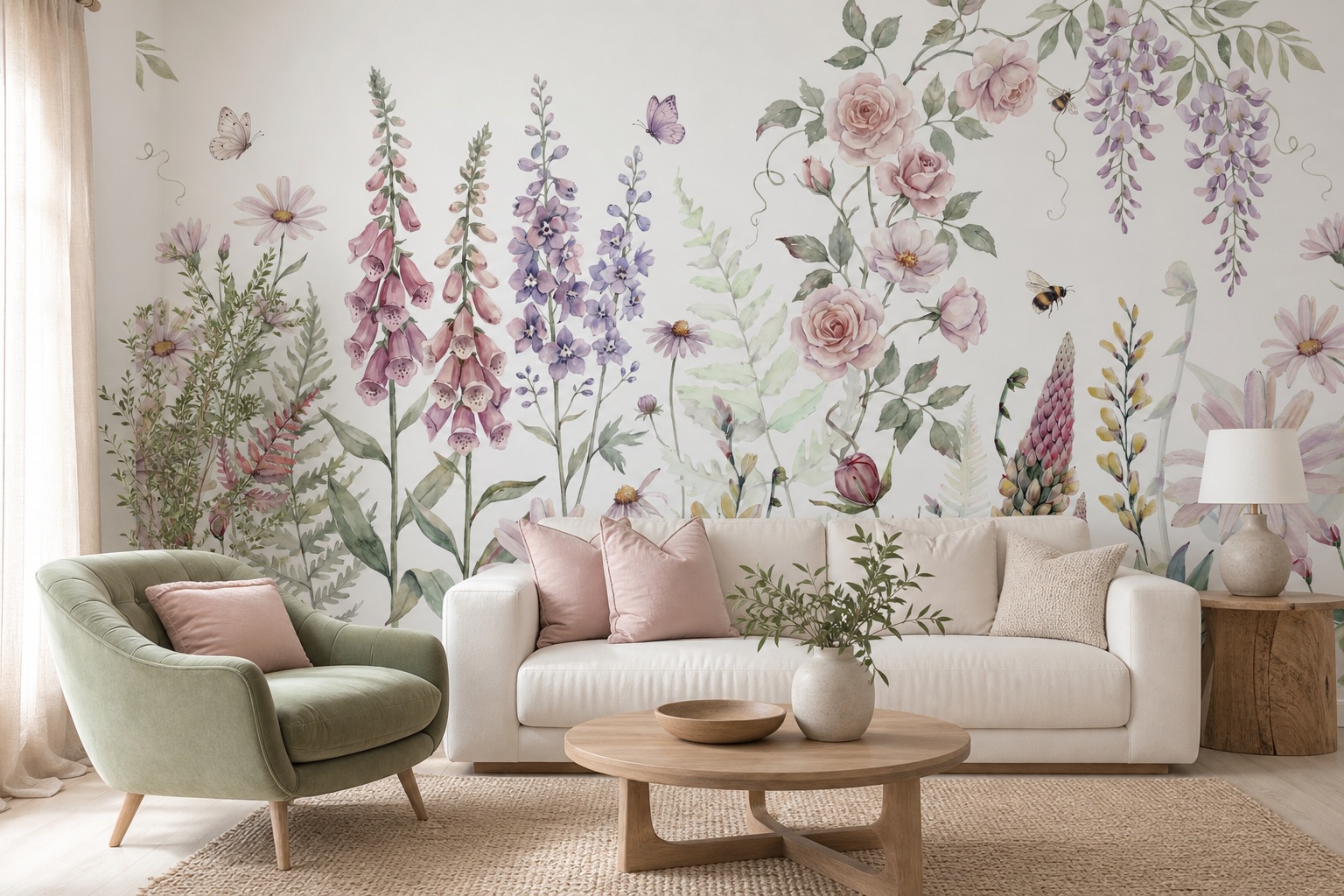 Red And Sage Green Floral Patterning Wallpaper Mural Dining-room-wallpaper-murals, Peel-and-stick Finish