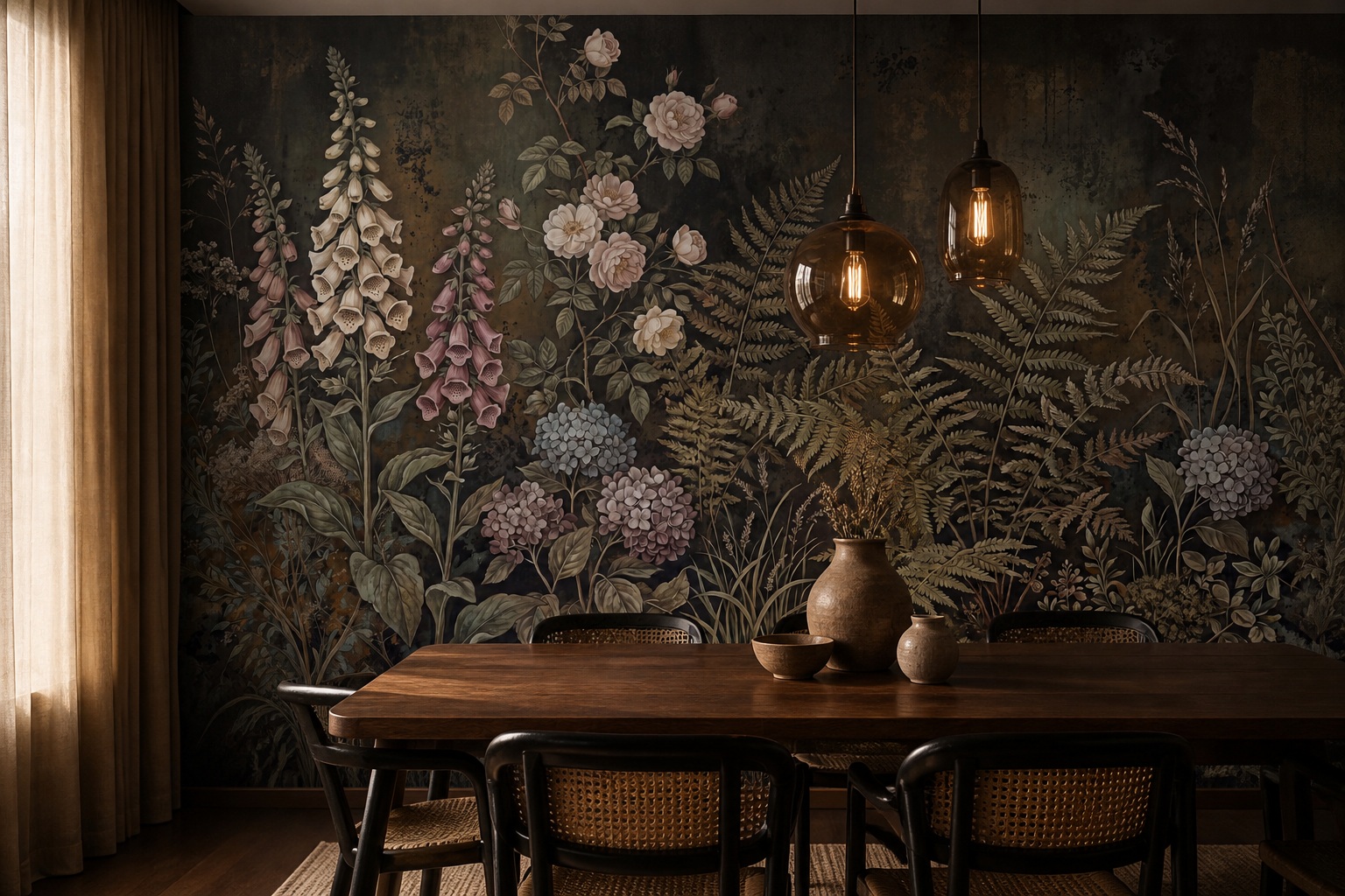 Blush Leaf Patterning Vintage Wallpaper Mural Dining-room-wallpaper-murals, Shown In A Dining Room, Peel-and-stick Finish