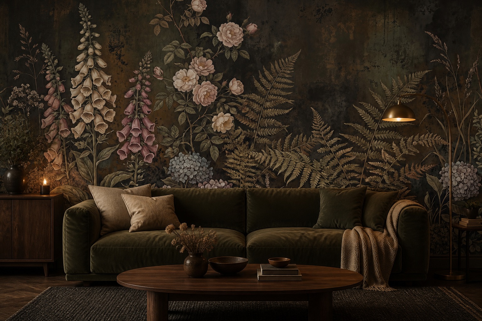 Blush Leaf Patterning Vintage Wallpaper Mural Living-room-wallpaper-murals, Shown In A Living Room, Peel-and-stick Finish
