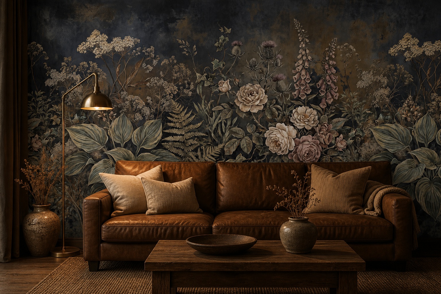 Ivory And Red Leaf Patterning Floral Wallpaper Mural Living-room-wallpaper-murals, Shown In A Living Room, Peel-and-stick Finish