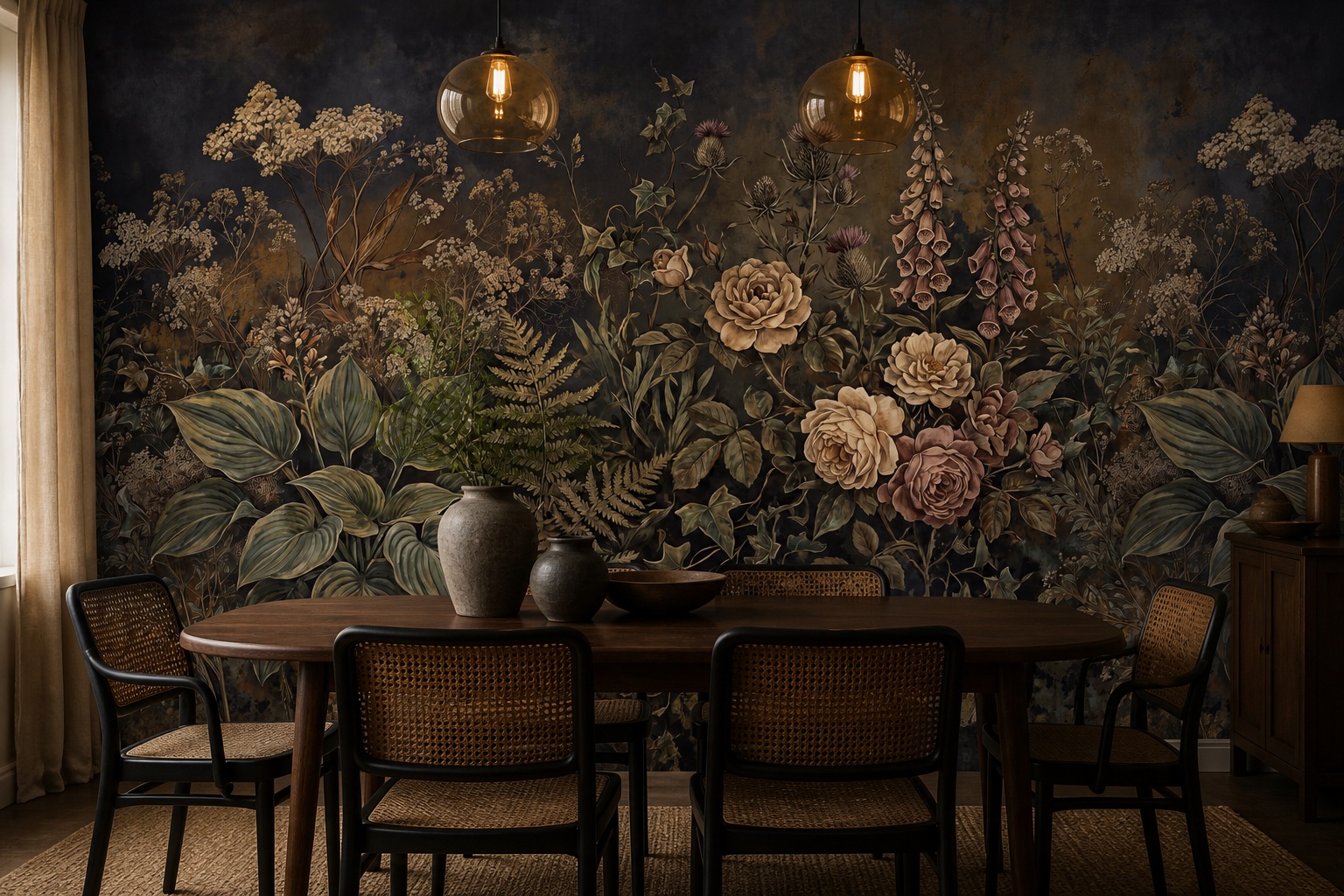 Ivory And Red Leaf Patterning Floral Wallpaper Mural Dining-room-wallpaper-murals, Shown In A Dining Room, Peel-and-stick Finish