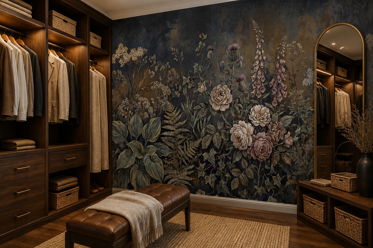 Ivory And Red Leaf Patterning Floral Wallpaper Mural Accent-wall-wallpaper-murals, Peel-and-stick Finish