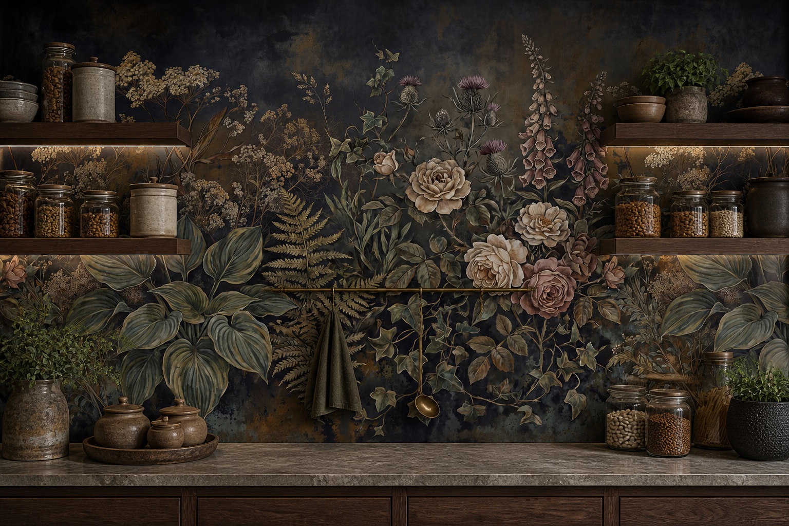 Dark Blue Rose And Foliage Wallpaper Mural — Wallpaper Mural Design, Peel-and-stick Finish