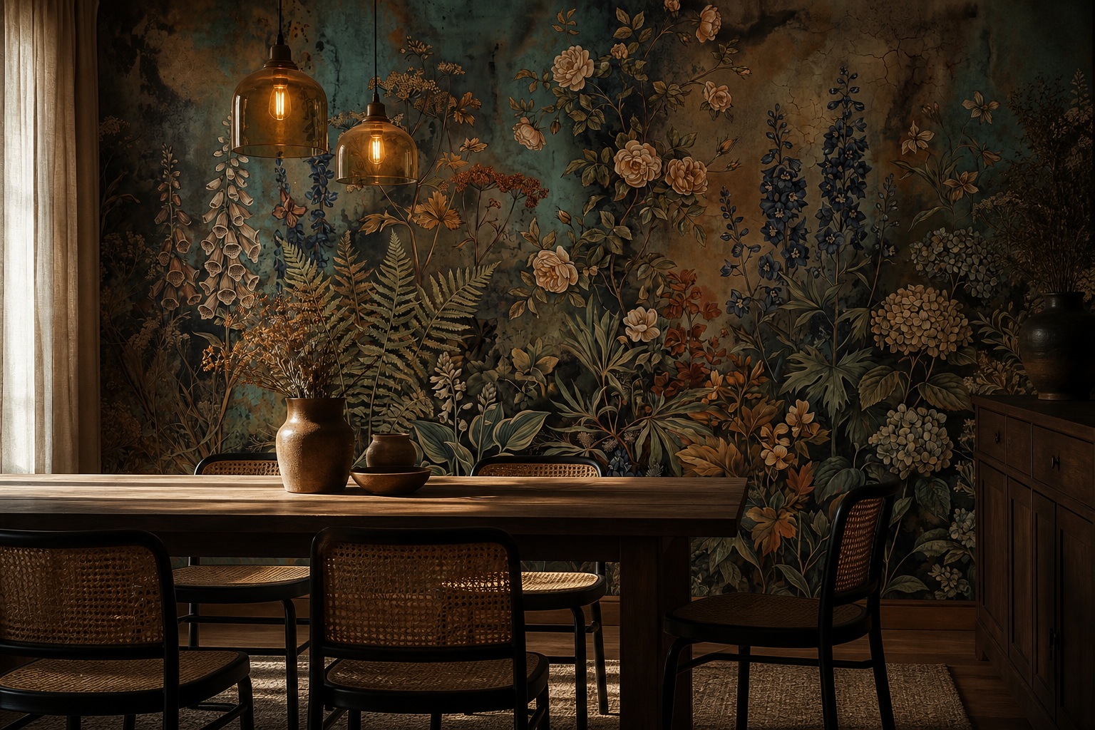 Tan And Red Layered Jungle Foliage Wallpaper Mural Dining-room-wallpaper-murals, Shown In A Dining Room, Peel-and-stick Finish