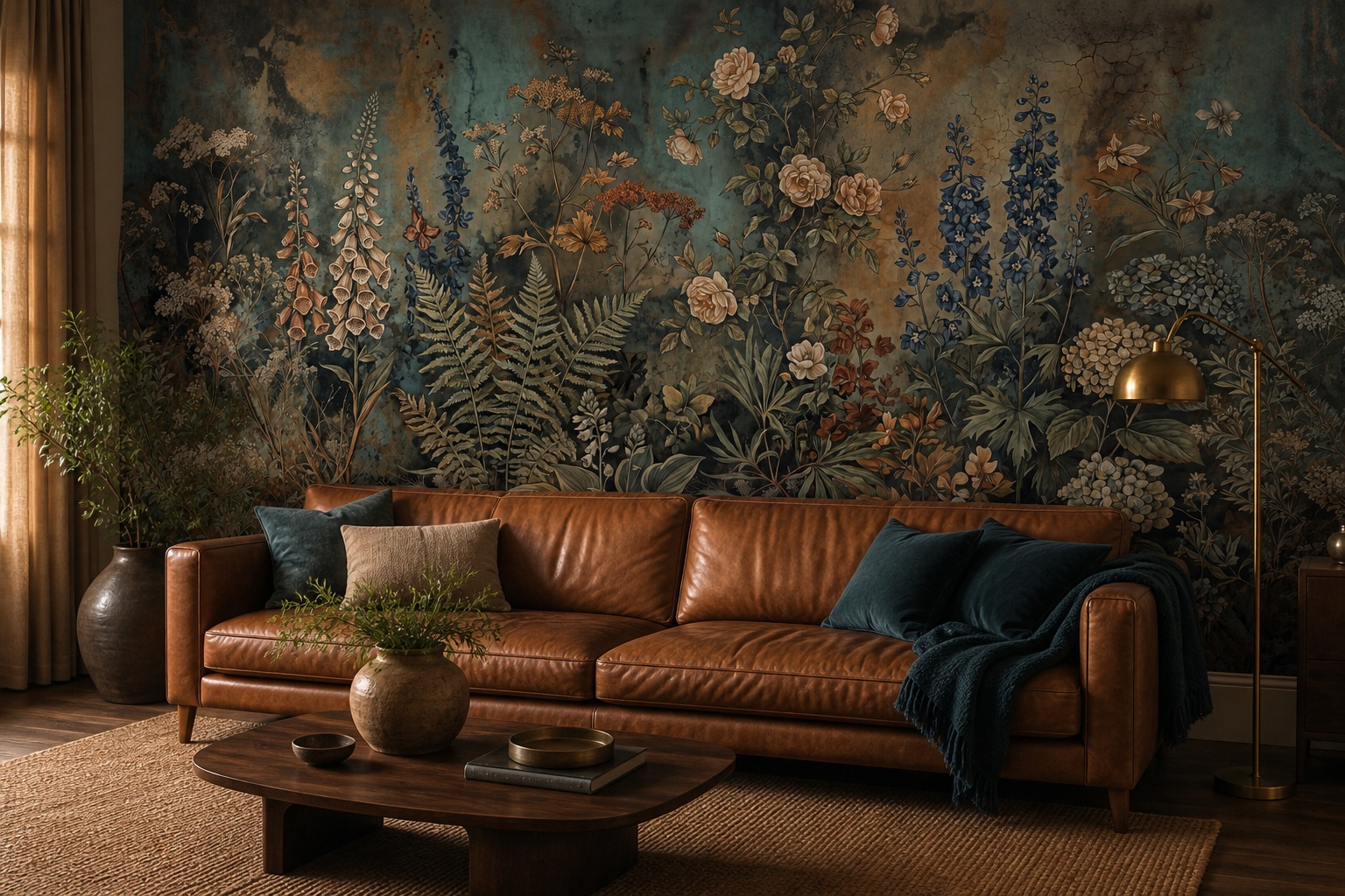 Tan And Red Layered Jungle Foliage Wallpaper Mural Accent-wall-wallpaper-murals, Peel-and-stick Finish