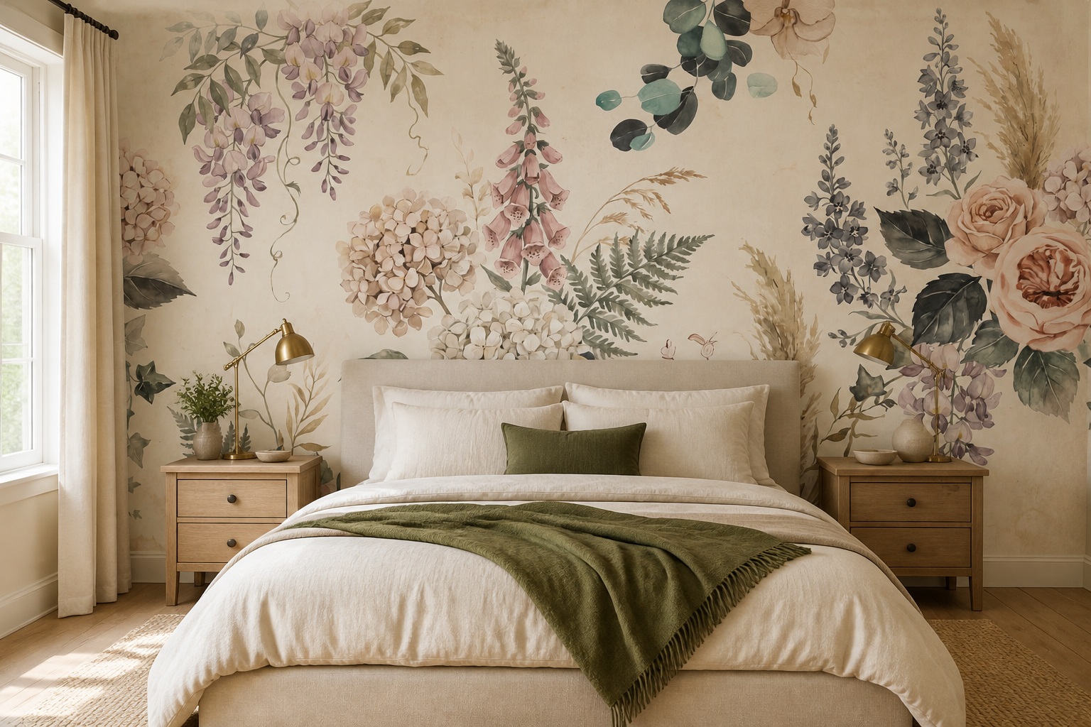 Olive Leaf Patterning Wallpaper Mural Bedroom-wallpaper-murals, Peel-and-stick Finish