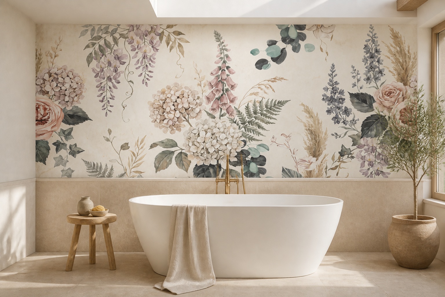 Olive Leaf Patterning Wallpaper Mural Bathroom-wallpaper-murals, Peel-and-stick Finish