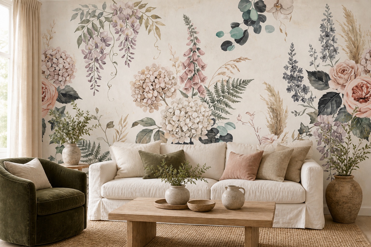 Ivory Roses And Ferns Botanical Wallpaper Mural — Wallpaper Mural Design, Peel-and-stick Finish