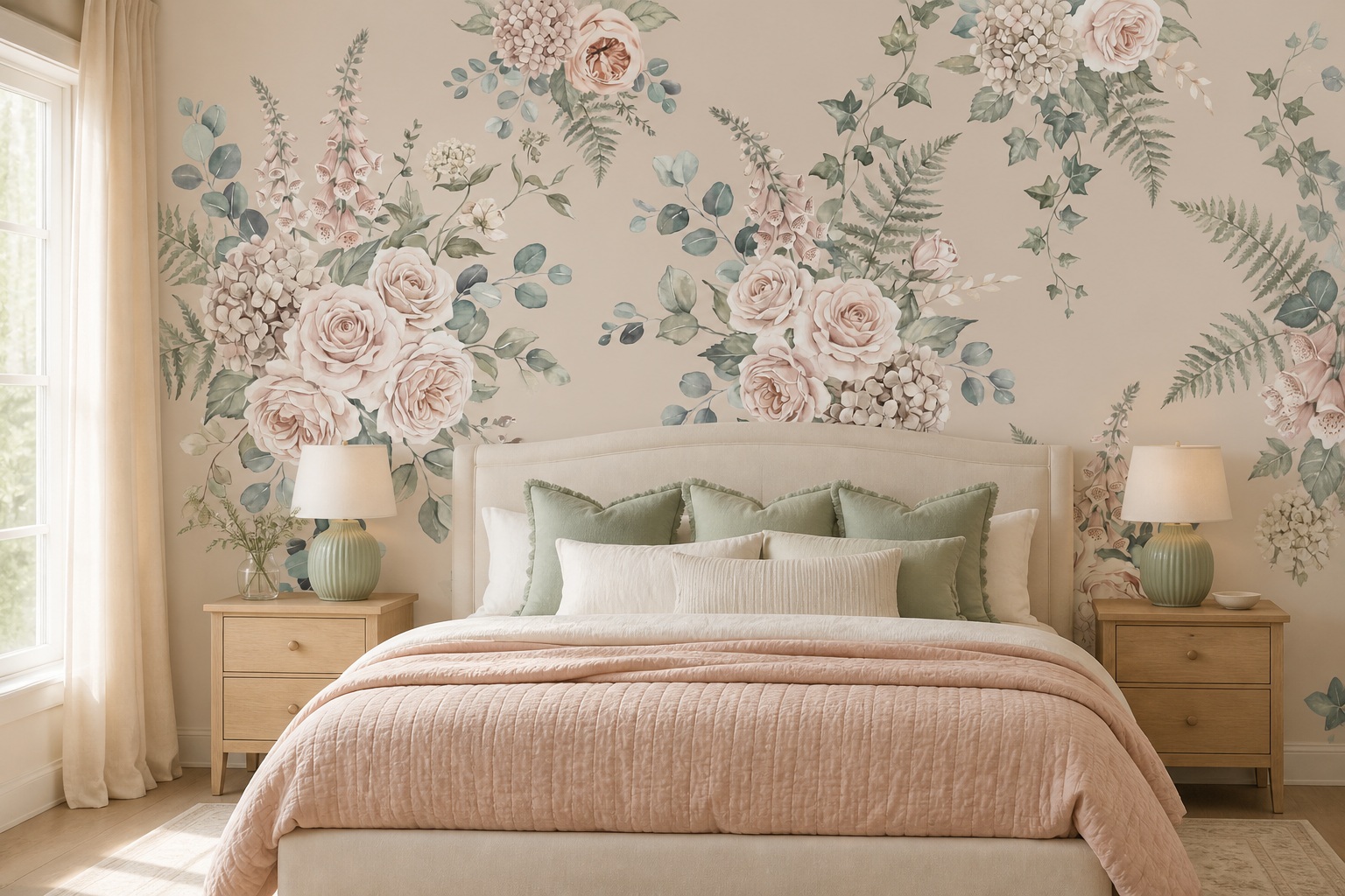 Cream Leaf Patterning Wallpaper Mural Bedroom-wallpaper-murals, Peel-and-stick Finish