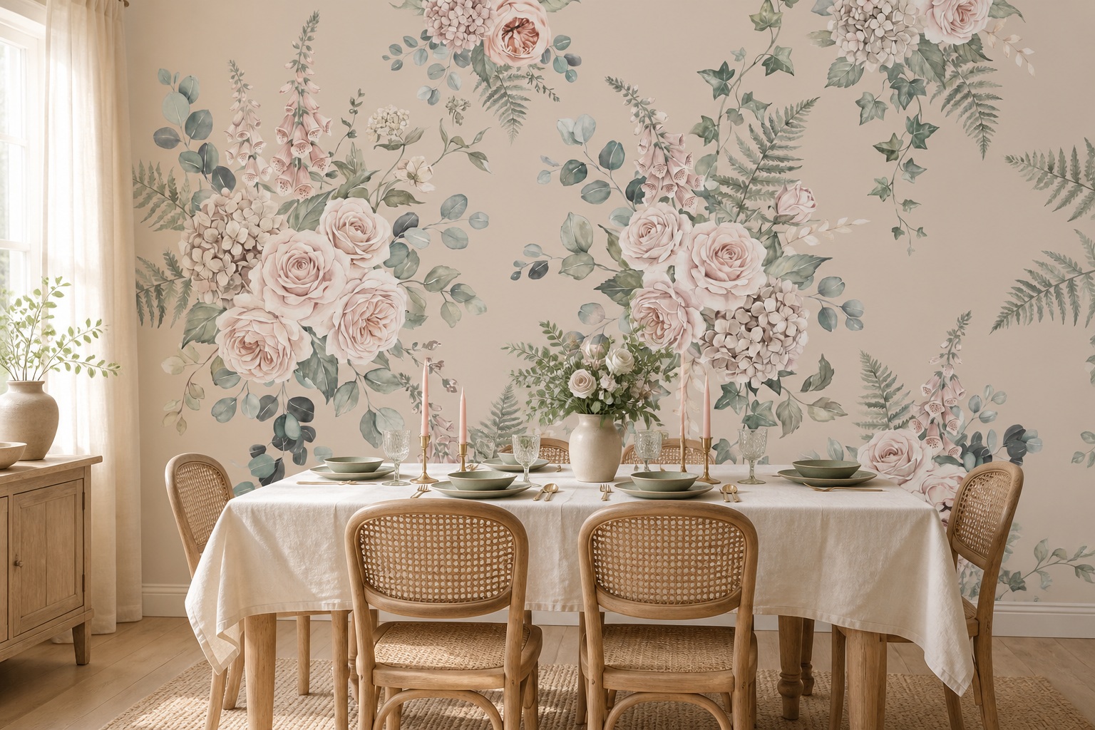 Cream Leaf Patterning Wallpaper Mural Dining-room-wallpaper-murals, Shown In A Dining Room, Peel-and-stick Finish
