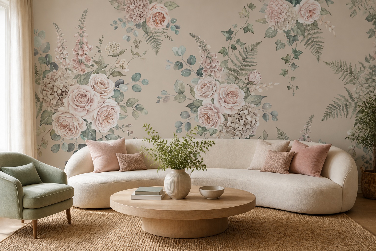 Cream Leaf Patterning Wallpaper Mural Living-room-wallpaper-murals, Peel-and-stick Finish