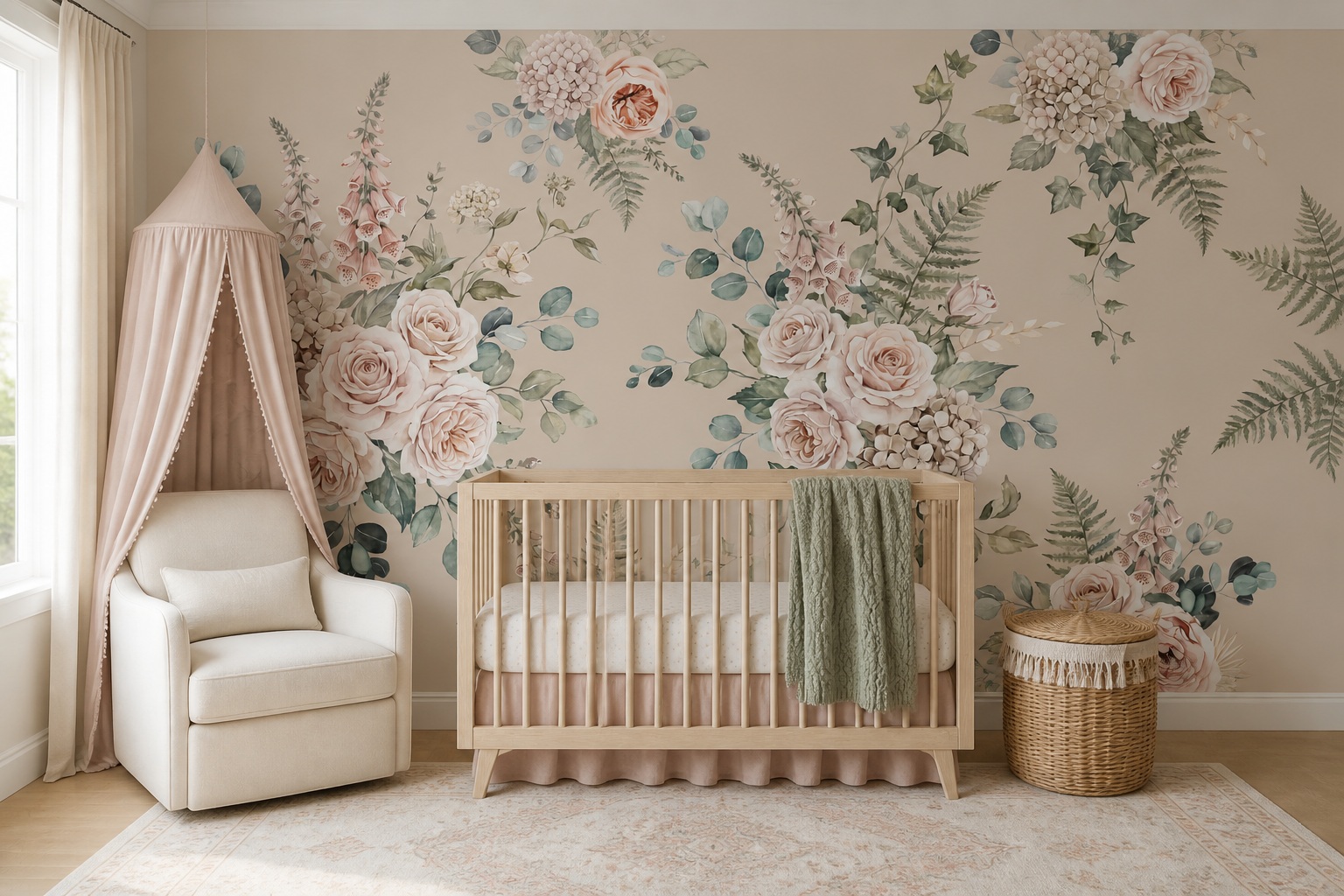Cream Leaf Patterning Wallpaper Mural Nursery-wallpaper-murals, Peel-and-stick Finish