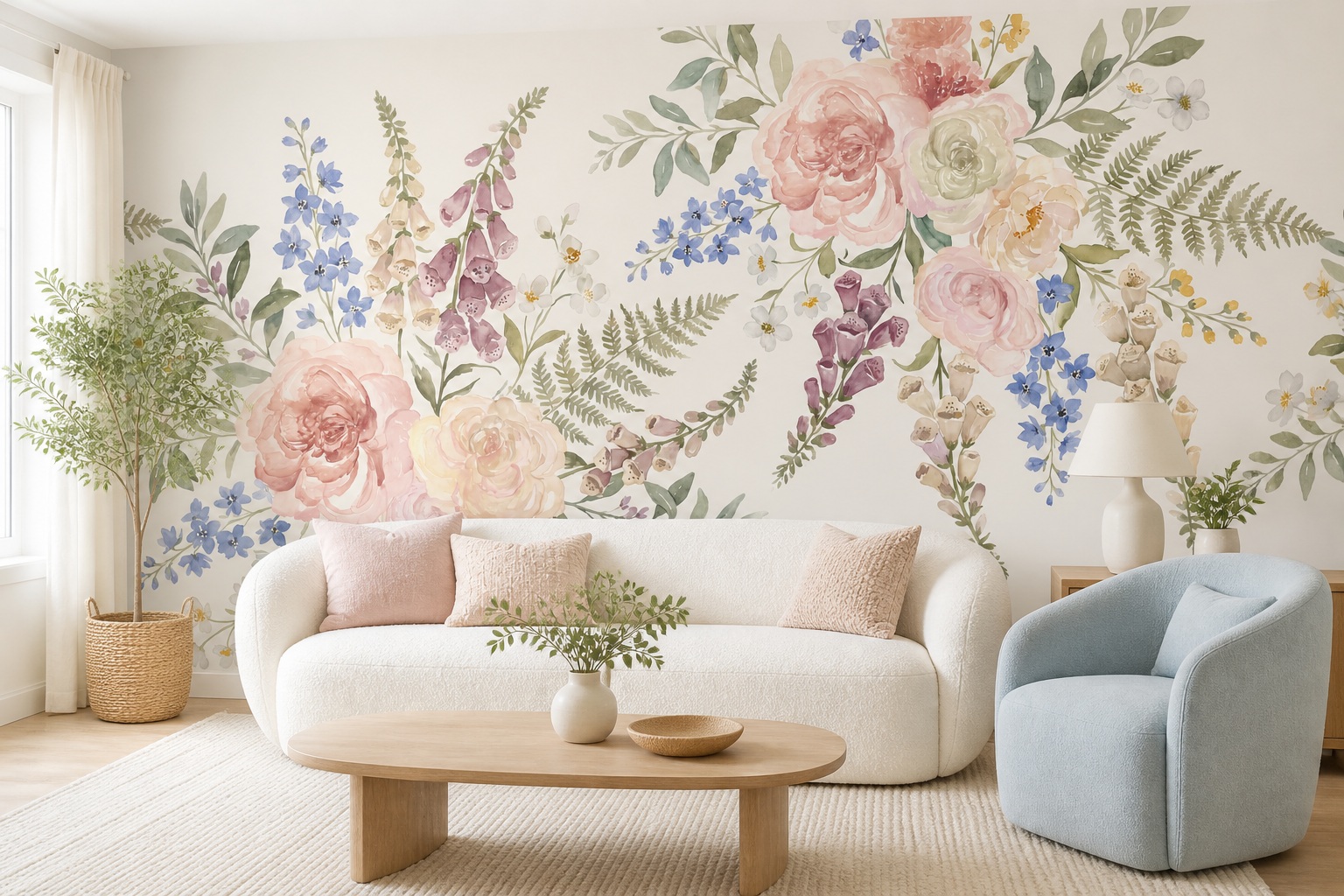Blush Roses And Blue Lavender Sprigs Wallpaper Mural — Wallpaper Mural Design, Peel-and-stick Finish