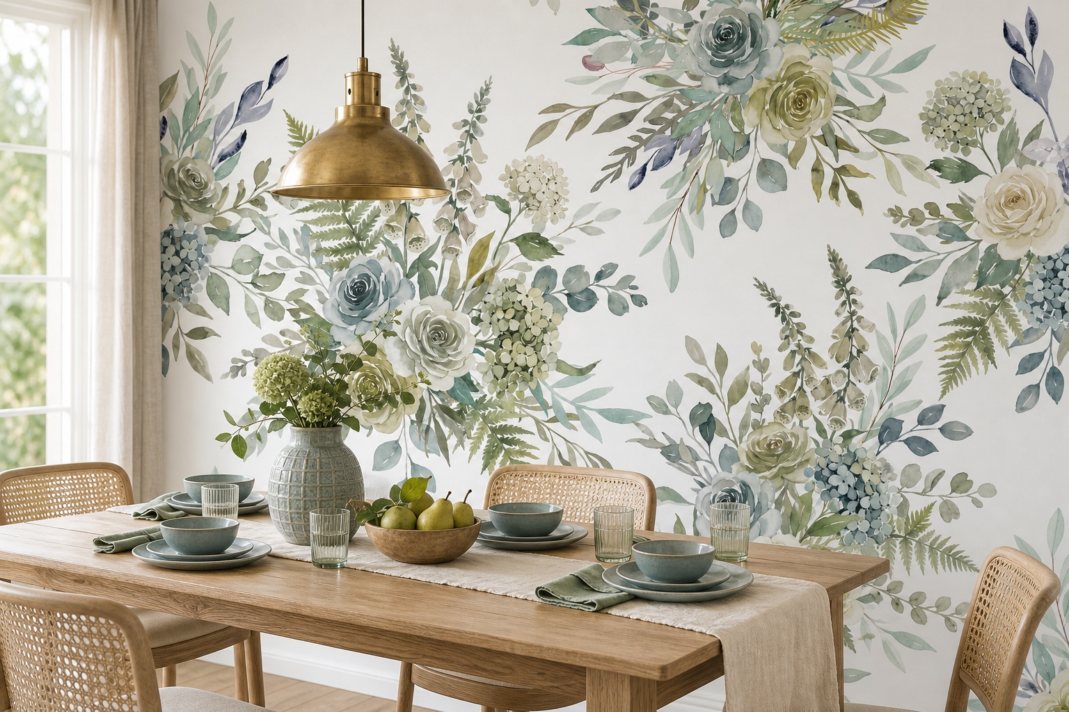 White Roses And Silver Green Fern Wallpaper Mural — Wallpaper Mural Design, Peel-and-stick Finish