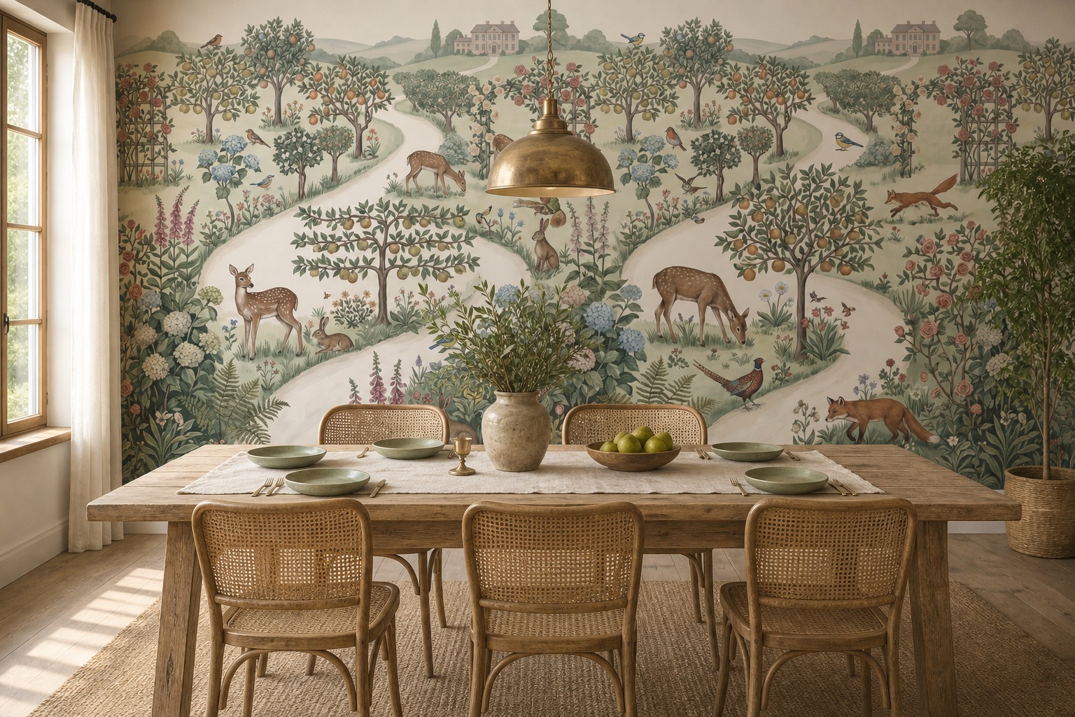 Deer And Fox In A Flowering Orchard Garden Wallpaper Mural — Wallpaper Mural Design, Peel-and-stick Finish