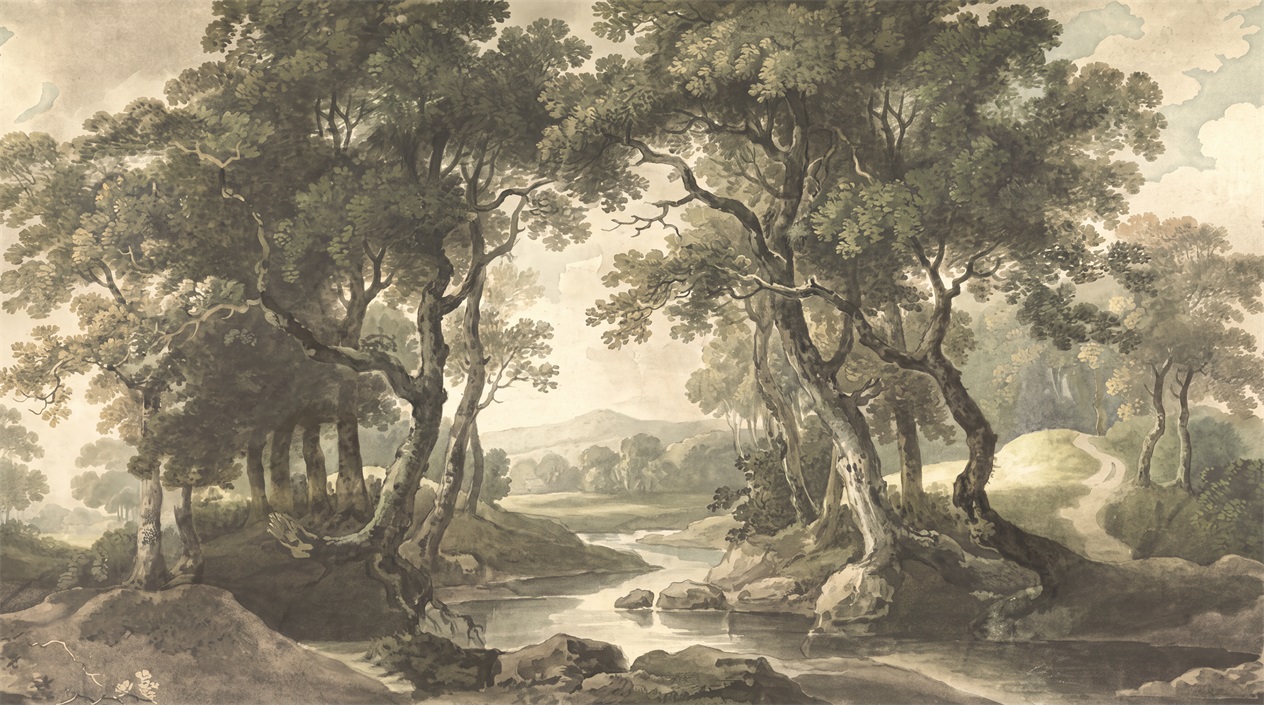 Olive Woodland Trees Forest Wallpaper Mural Accent-wall-wallpaper-murals, Peel-and-stick Finish