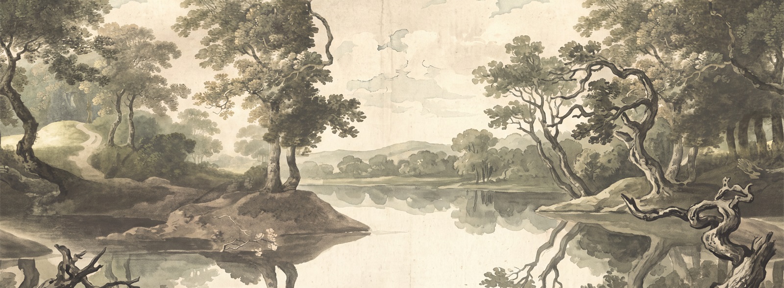 Deer Beside A Reflective Woodland Lake Wallpaper Mural — Wallpaper Mural Design, Peel-and-stick Finish