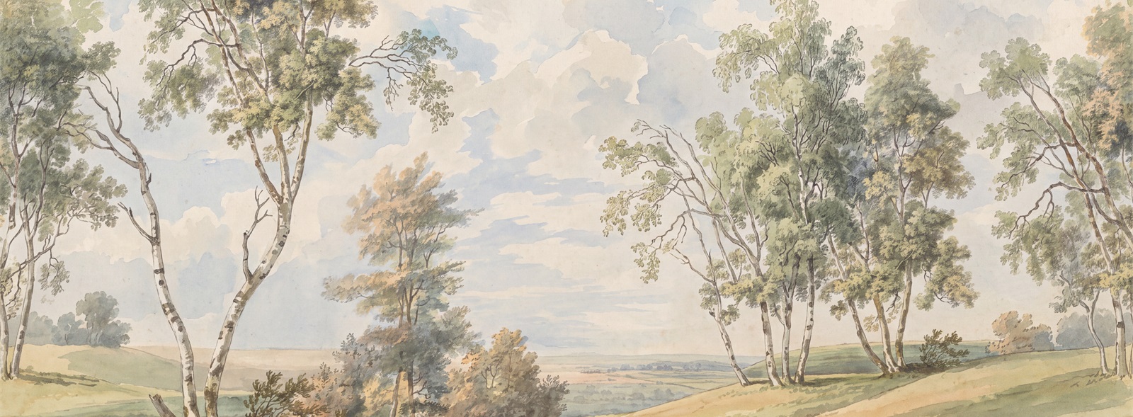 Watercolour Trees And Rolling Hills Beneath Blue Clouded Skies Wallpaper Mural — Wallpaper Mural Design, Peel-and-stick Finish