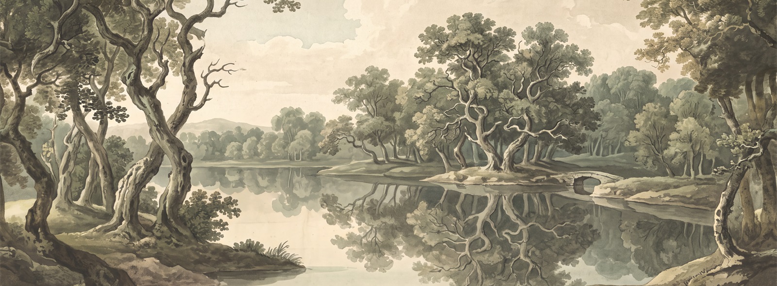 Olive Woodland Trees Lake Wallpaper Mural Accent-wall-wallpaper-murals, Peel-and-stick Finish