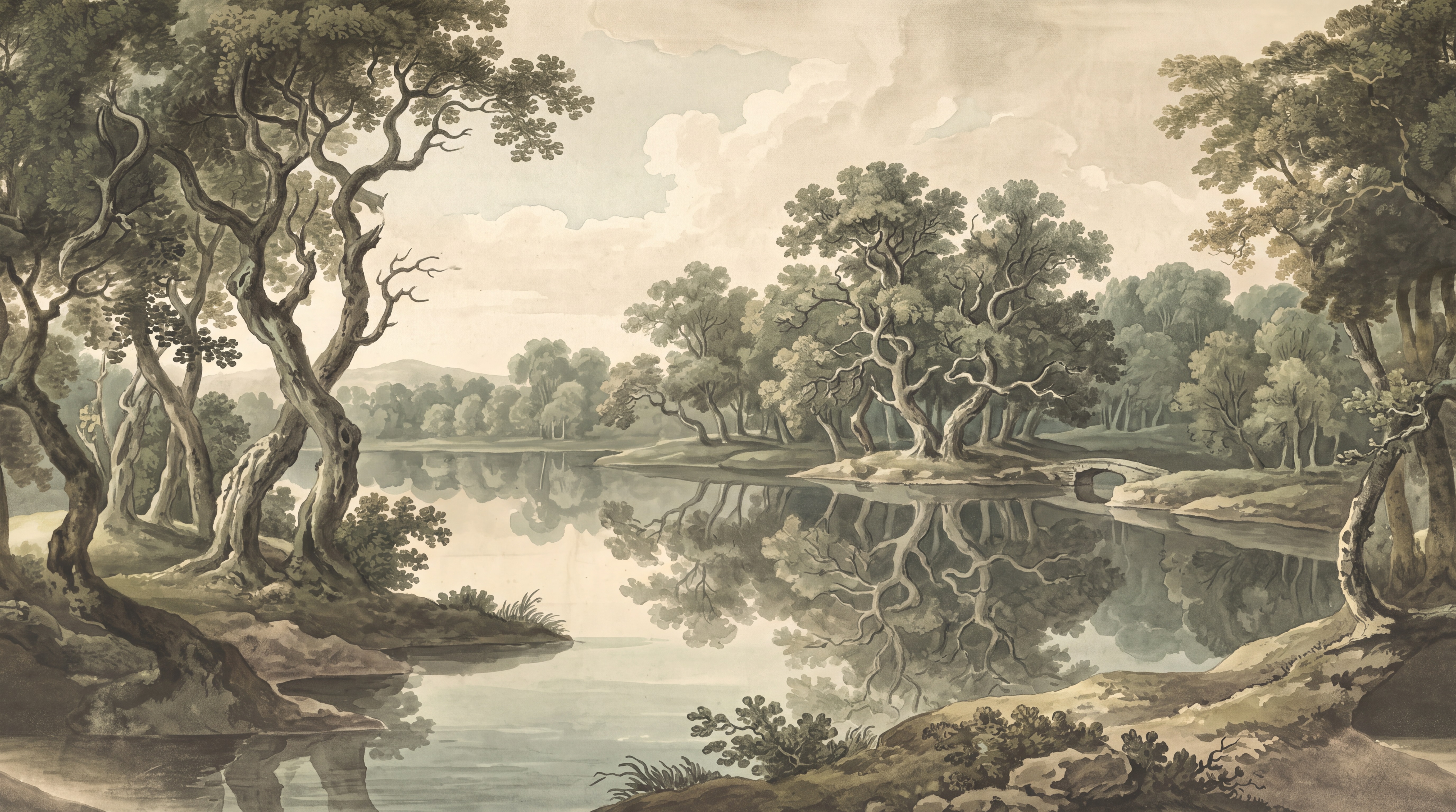 Olive Woodland Trees Lake Wallpaper Mural Accent-wall-wallpaper-murals, Peel-and-stick Finish