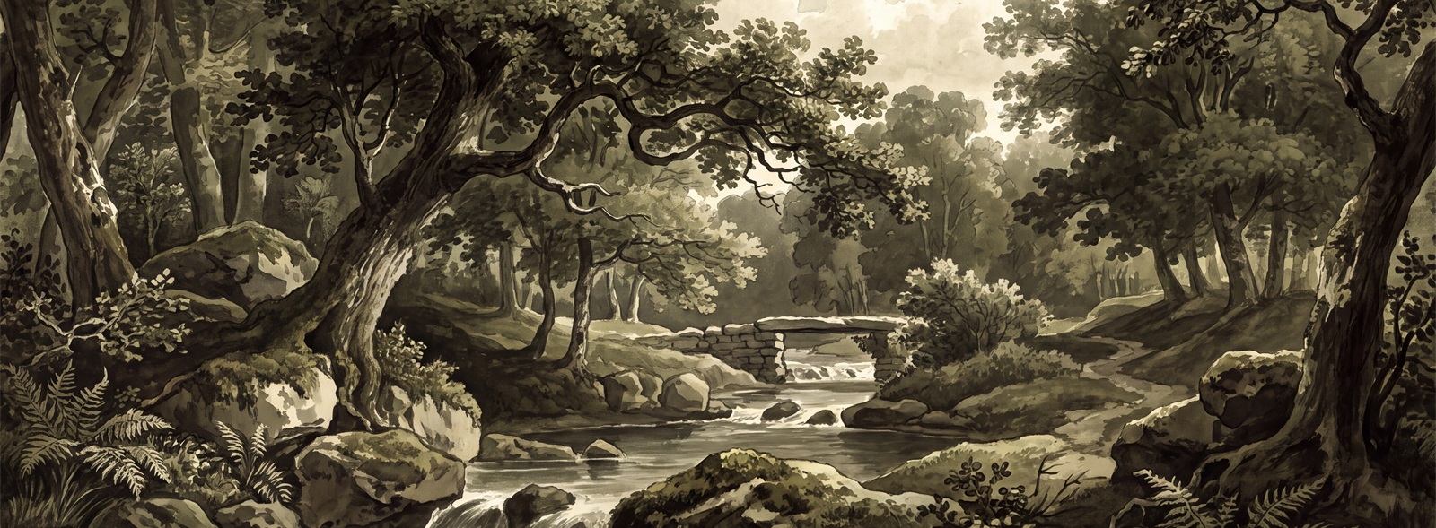 Dark Woodland Stream And Ferns Wallpaper Mural — Wallpaper Mural Design, Peel-and-stick Finish