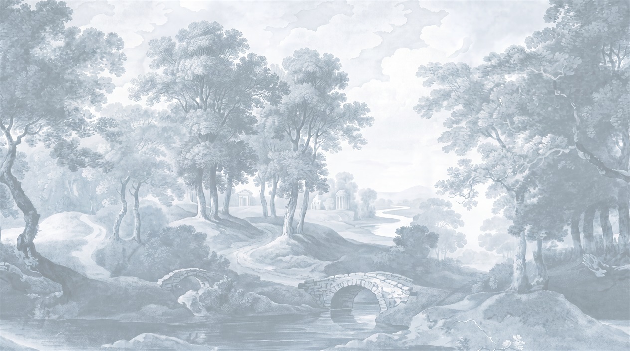 Blue Woodland Trees Wallpaper Mural Accent-wall-wallpaper-murals, Peel-and-stick Finish