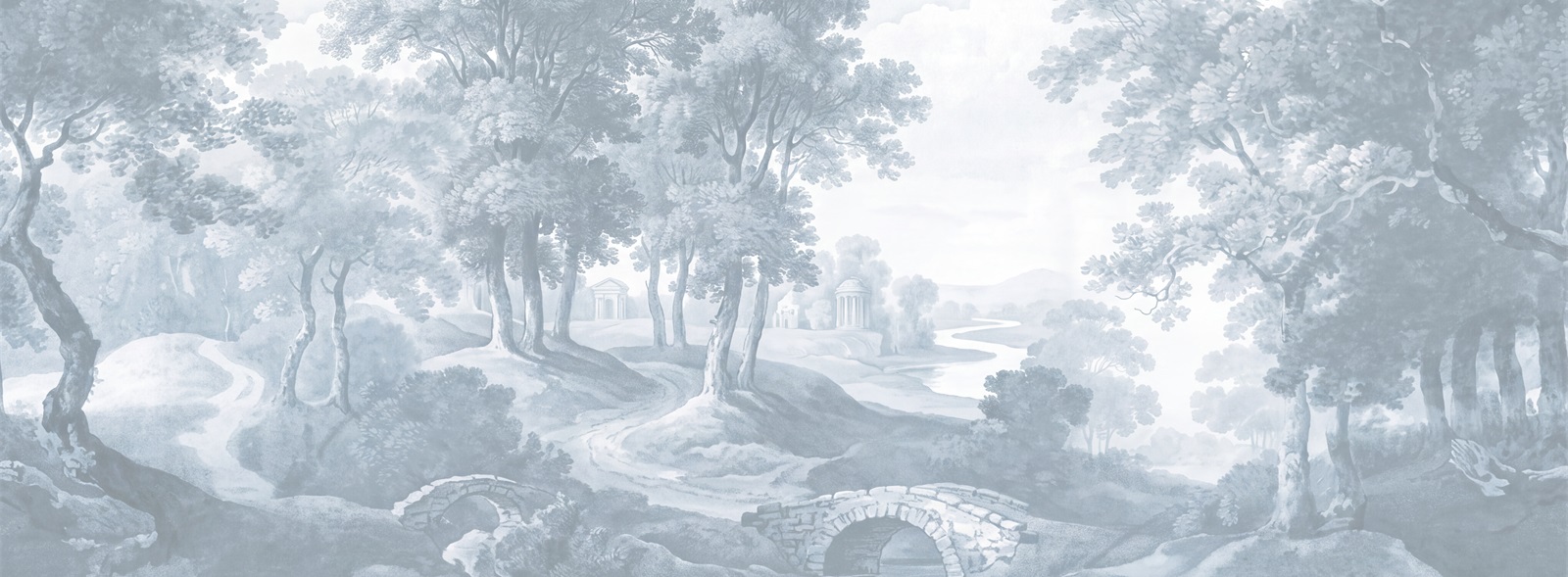 Pale Blue Woodland Stream And Misty Trees Wallpaper Mural — Wallpaper Mural Design, Peel-and-stick Finish