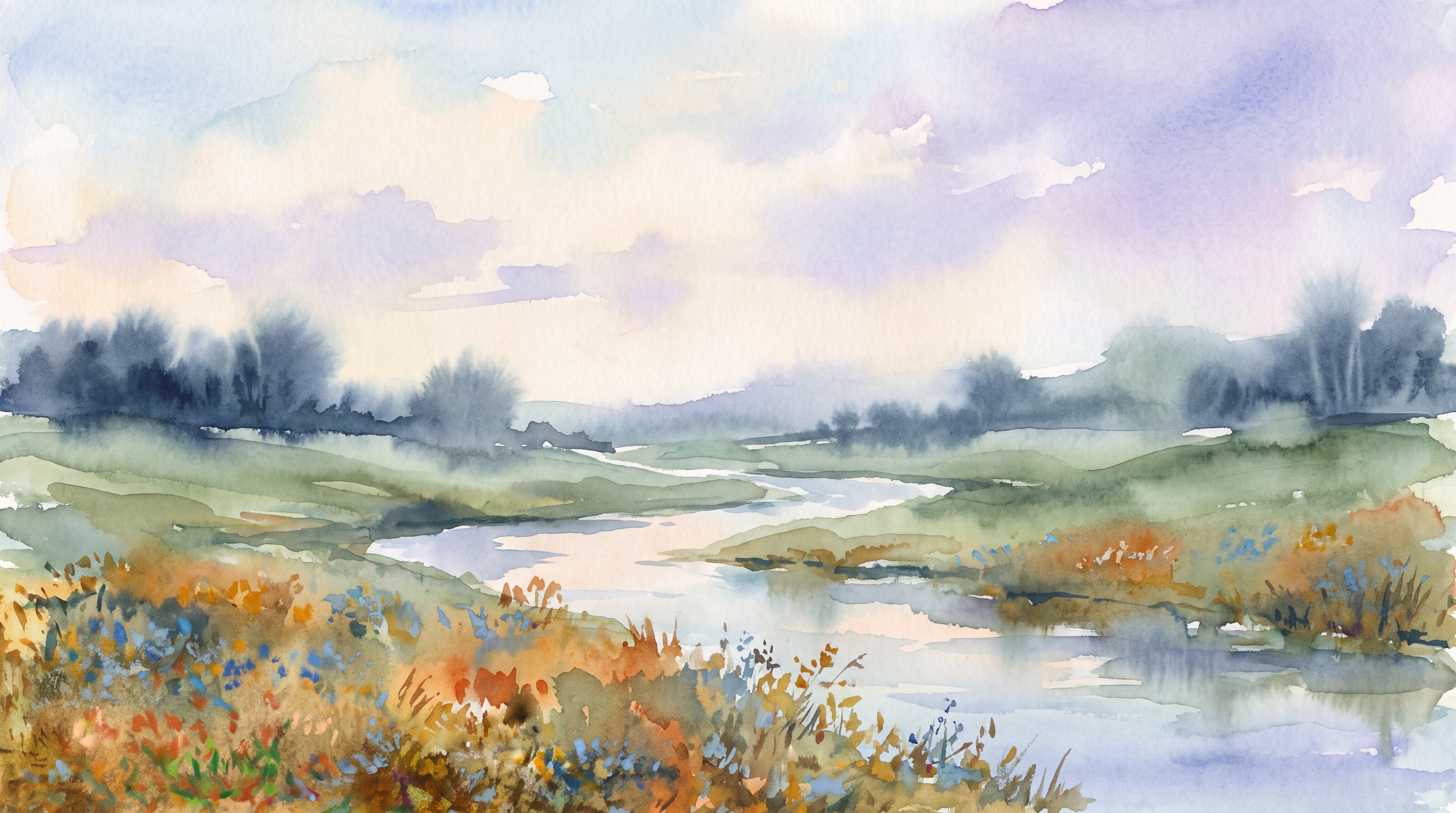 Soft Pastel And Neutral A River Landscape Wallpaper Mural Accent-wall-wallpaper-murals, Peel-and-stick Finish